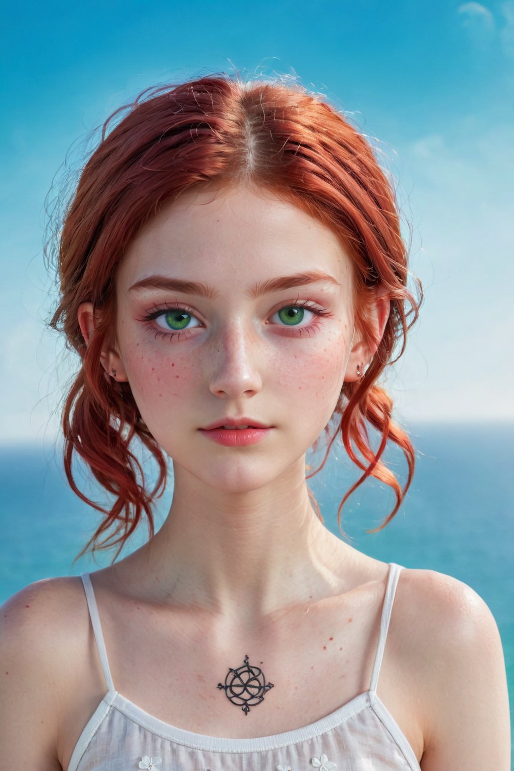 In a (RAW, highest quality) and (extremely detailed 8k CG wallpaper unit), create a (photo-realistic) illustration of a (16-year-old girl) with an extraordinary appearance. This (masterpiece: 1.3) should depict a (short, slender) girl with (red curly hair), (heterochromia - a green right eye and a blue left eye), and a (pale skin) adorned with (detailed freckles). Her (slim, slender body) features (red roses tattoos on the shoulders) and (pagan symbols tattoos on the forearms and hands).