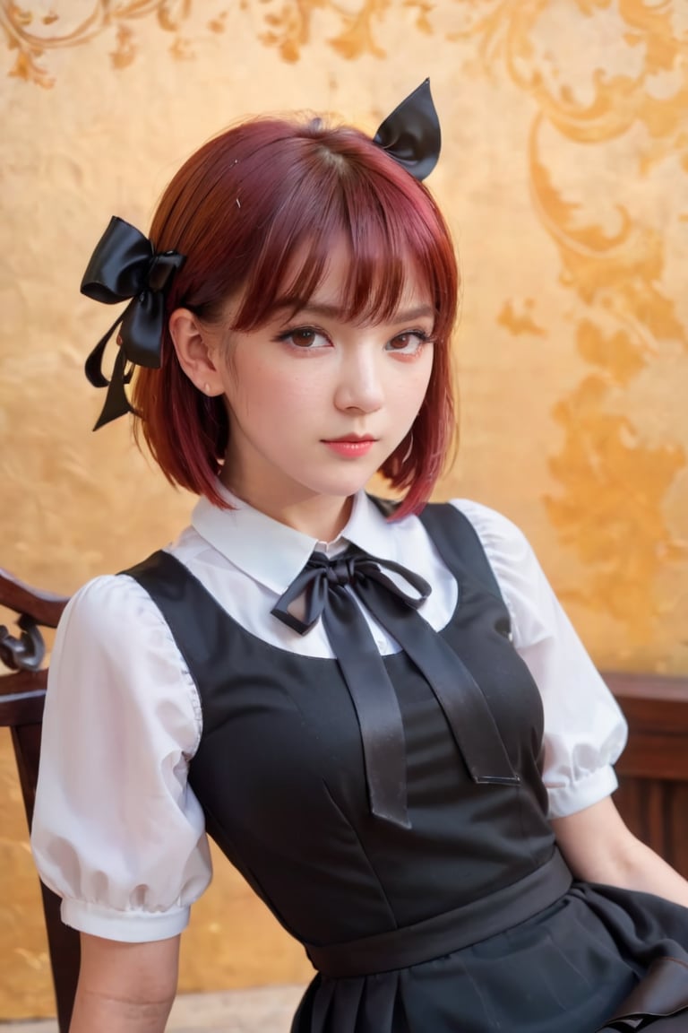 female,(masterpiece, best quality, ultra detailed, absurdres)1.5,white shirt black dress neck ribbon,1girl short hair,demonictech, red hair, bangs, sitting, from_behind, looking_at_viewer