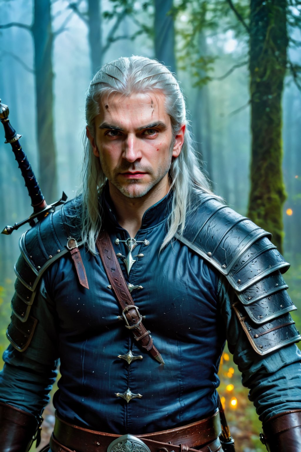 (a sexy witcher),oil painting,sharp focus,delicate brushstrokes,high contrast,hdr,vivid colors,detailed armor,dark background,mysterious atmosphere,mesmerizing eyes,gloomy lighting,magical powers,sword fighting,confident stance,stormy weather,hidden secrets,dramatic composition,haunting beauty,gothic elements,enchanted forest,seductively dressed,long flowing hair,dynamic movement,mythical creatures,intense gaze,powerful personality,strong character,majestic pose,foreboding presence