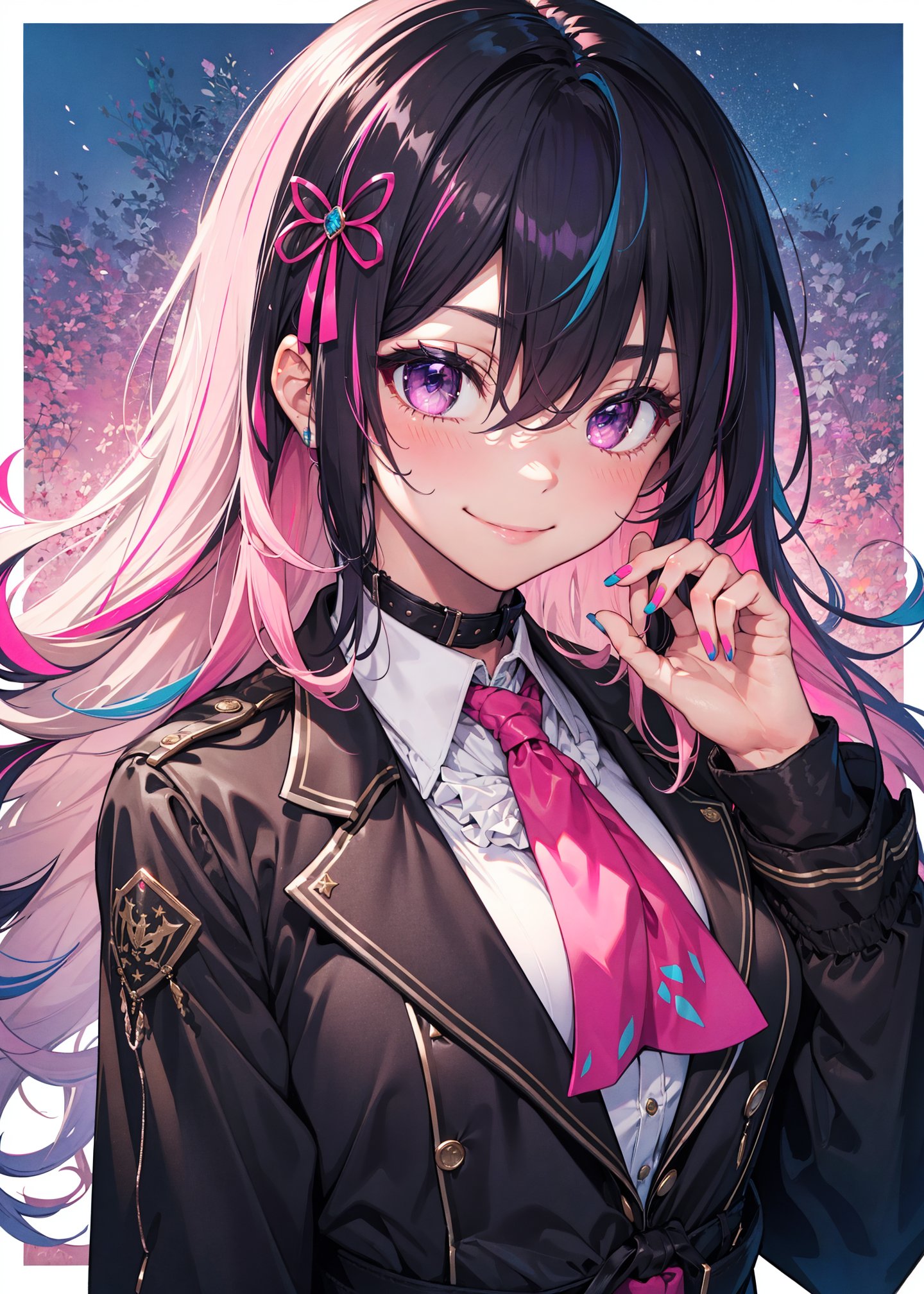 girl, solo, long hair, breasts, looking at viewer, blush, smile, bangs, black hair, hair ornament, long sleeves, hair between eyes, purple eyes, jacket, hair ribbon, pink hair, multicolored hair, nail polish, two-tone hair, coat, ascot, pink nails, colored inner hair