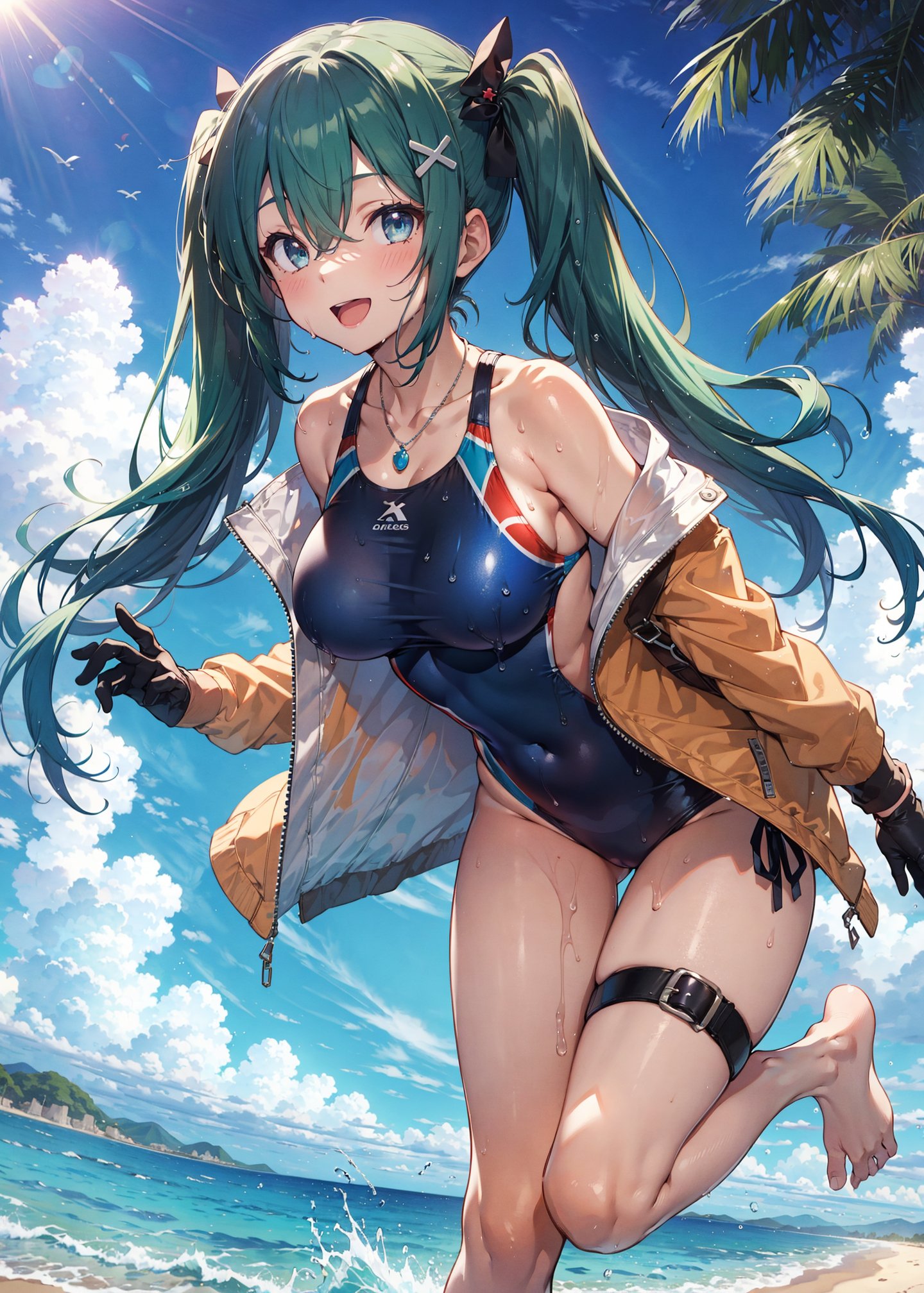 1girl, solo, long hair, breasts, looking at viewer, blush, smile, open mouth, bangs, large breasts, hair ornament, gloves, navel, hair between eyes, bare shoulders, twintails, standing, jacket, swimsuit, :d, bikini, thighs, multicolored hair, outdoors, green hair, open clothes, sky, barefoot, day, black gloves, cloud, water, necklace, off shoulder, open jacket, blue sky, groin, wet, one-piece swimsuit, sideboob, gradient hair, thigh strap, leaning forward, ocean, low twintails, beach, standing on one leg, black one-piece swimsuit