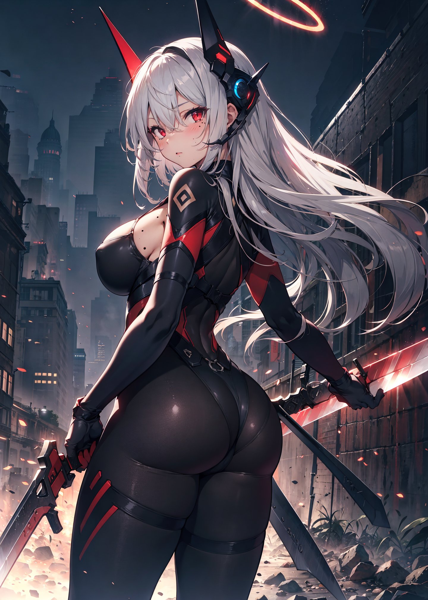 1girl, solo, long hair, breasts, looking at viewer, blush, bangs, large breasts, red eyes, holding, hair between eyes, weapon, ass, grey hair, thighs, looking back, sword, from behind, holding weapon, mole, bodysuit, headgear, red halo, skin tight, black bodysuit