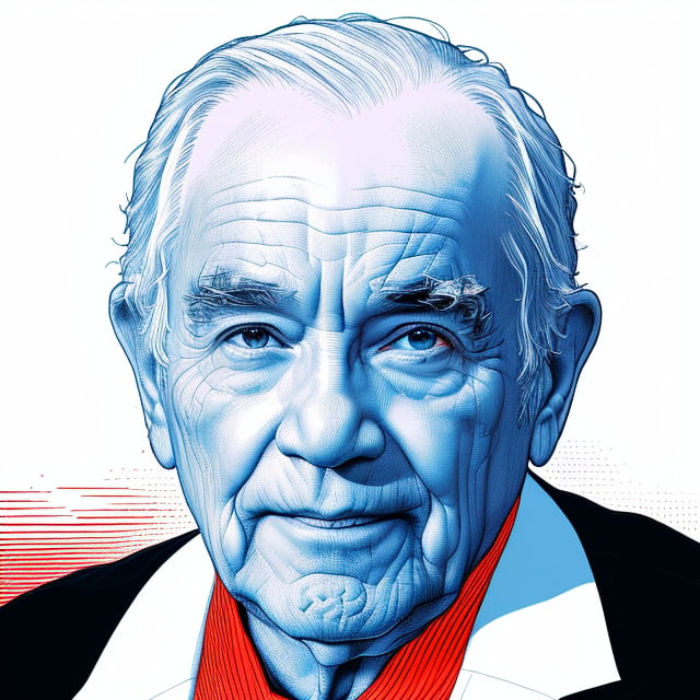 A detailed blue crosshatching illustration of a friendly old man with one cocked eyebrow. Simple background, thick eyebrows, partially shaded face, red theme, spot color, partially colored, limited colors, intricately detailed overlapping crosshatching lines, crosshatched lineart, highest quality, masterpiece, 8K, XTCH, crosshatching, portrait,XTCH