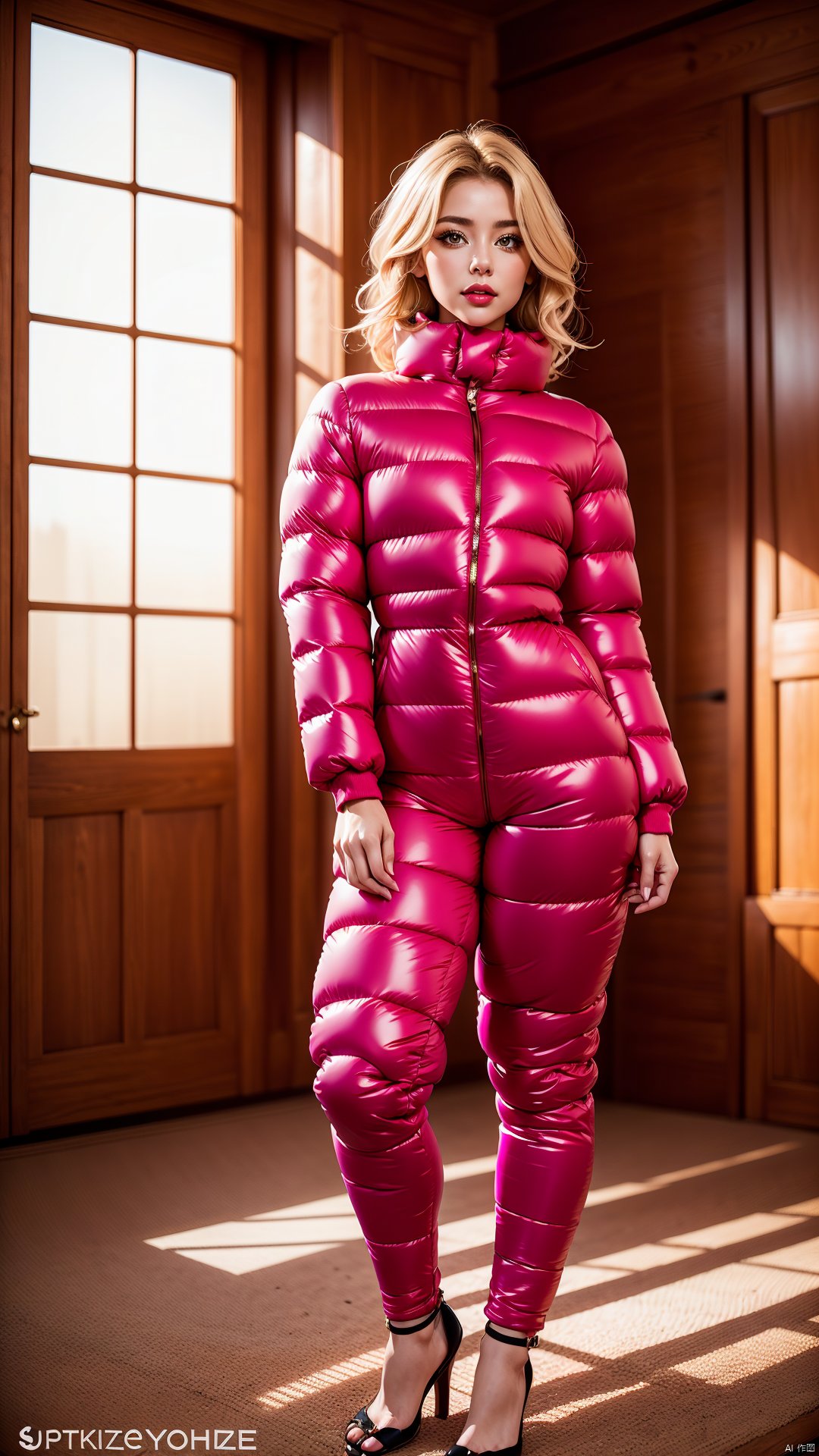 A stunning portrait of a young European woman with blonde hair, radiating elegance and beauty. She is dressed in a fashionable, colorful, shiny and glossy puffer down outfit. Yoked. The lighting is soft, highlighting her features and emphasizing the glossy texture of her clothes. Cinematic lighting, very cold, high resolution, winter fashion, realistic shading, digital painting, artstation, high closed, tempting, , by moncler, ((down outfit by pyrenex, by parkasite, by superdry)), Kaputze, Maske.  , Cinematic lighting,, , high resolution, winter fashion, realistic shading, digital painting, artstation, , tempting, , by moncler