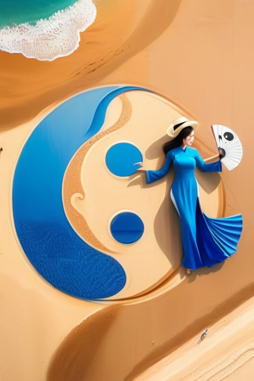 Ying Yang Symbol on beach sand, ariel shot from flycam, 1girls, dancing, ao dai blue, paper fan, 