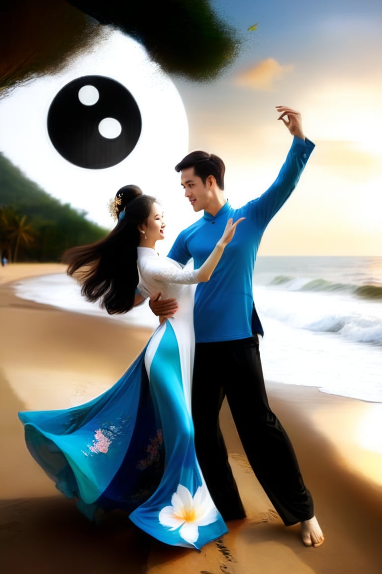 A handsome man dancing with a beautiful vietnamese girl in ao dai. Their dance create a symbol of Ying Yang harmony in the beach.