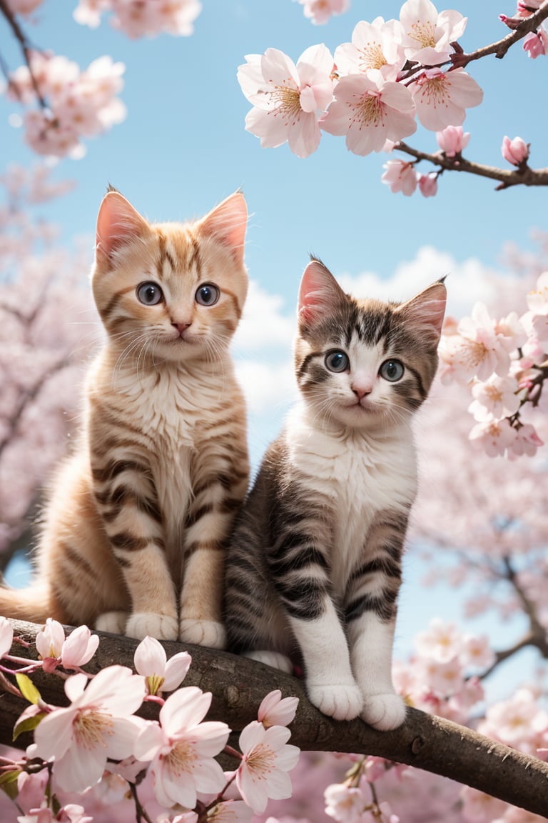 Capture a side view shot of two cute little fluffy fat white kittens sitting on a cherry blossom tree branch. The kittens should be turned around, looking ahead with happy smiles. Their fur should be thick and short. The scene should be in an autumn style, featuring a realistic high-quality cherry blossom tree adorned with many blossoms. Ensure the kittens have big, cute, and beautiful eyes. The overall composition should be incredibly colorful, with a fantasy touch. The background should have a fantastic and romantic lighting bokeh, portraying an amazing tale of cherry blossoms. The artist Xxmix_Catecat should be a source of inspiration for this photorealistic masterpiece.