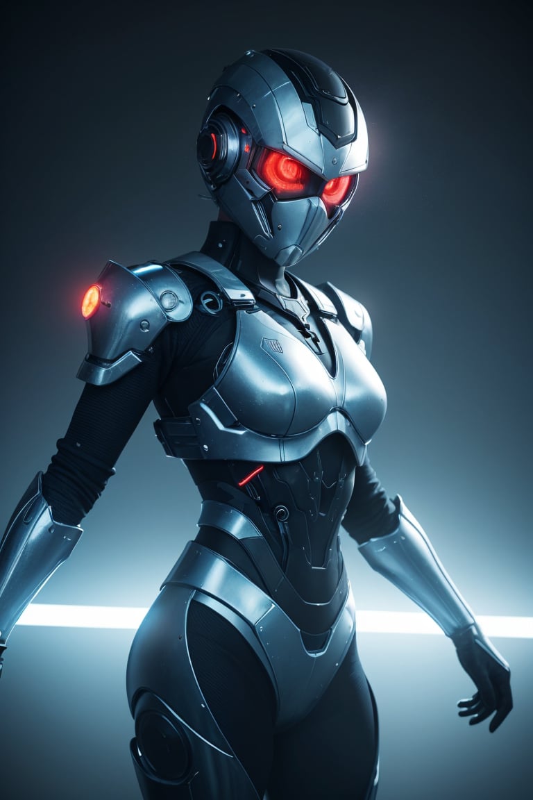 Generate a photorealistic image of a female sci-fi white military cyborg in a super colorful and highly fantasy style. The cyborg should be adorned with a detailed helmet, a detailed mask, and wear white Teflon armor. The overall scene should exude cyberpunk aesthetics with neon blue, neon ray blue, and a white technical room background. Include a backdrop of a blue energy beam, illuminated by blue neon lights. Utilize a 3D renderer, preferably Blender renderer, with ray tracing for the highest quality and detail. Emphasize a fantasy movie style with volume lighting, Bokeh, Long Exposure effects. Ensure the image resolution is 8K with HDR, and incorporate geometric elements like Triangle, Hexagonal, Flexible Polyhedron. The Teflon armor should exhibit Mist and Plasma effects. Exclude details like face, hair, fabric, and clothes, focusing solely on the sci-fi cyborg and its fantastical surroundings.