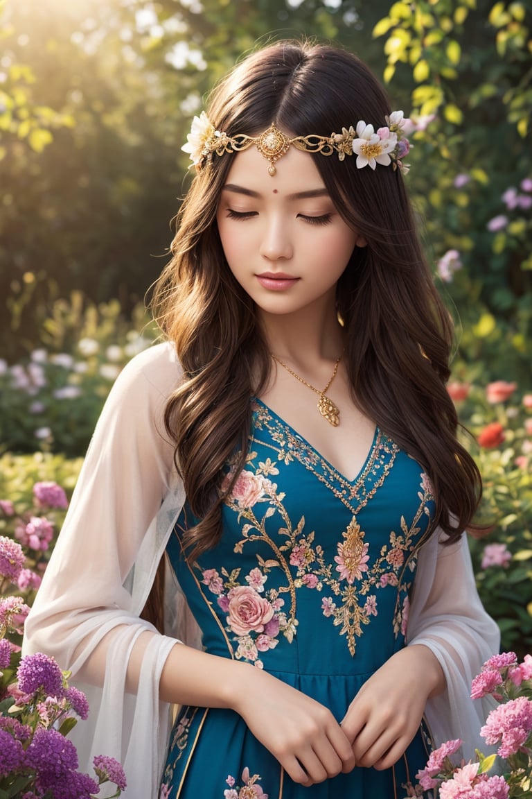 Create the highest quality, ultra-detailed masterpiece (with a weight of 1.2) of a photorealistic girl in a garden. The illustration should feature flowers in full bloom with vibrant colors, exquisite linework, and a patterned dress. Capture the scene with golden sunlight, evoking an ethereal atmosphere. Add ornate floral details, ensuring a serene expression with a blissful aura. Incorporate an elaborate hair accessory and introduce fantasy elements to enhance the overall composition. Utilize a blue color scheme and include an abstract background. Implement artistic lighting techniques for a photorealistic result, and apply a flat color style that is super colorful.