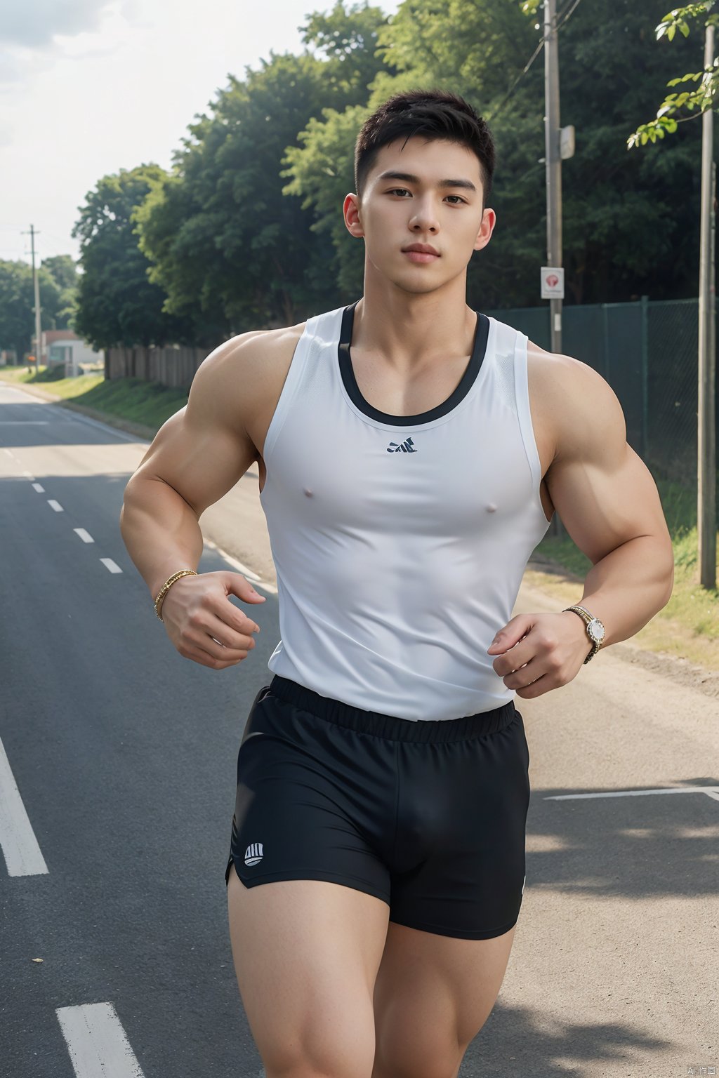 masterpiece,1 boy,Look at me,Handsome,Muscular development,Sports vest,Shorts,Outdoor,Run,Street view,Rural area,textured skin,super detail,best quality,,