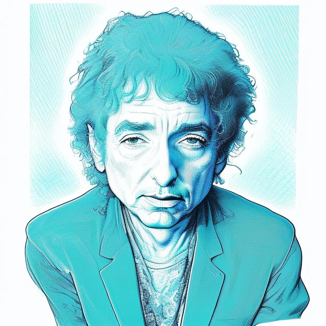 XTCH, a highly detailed black crosshatching illustration of a young Bob Dylan. Intricately detailed crosshatching line drawing, teal theme, linear crosshatching, spot color, best quality, partially colored, monochrome, masterpiece,