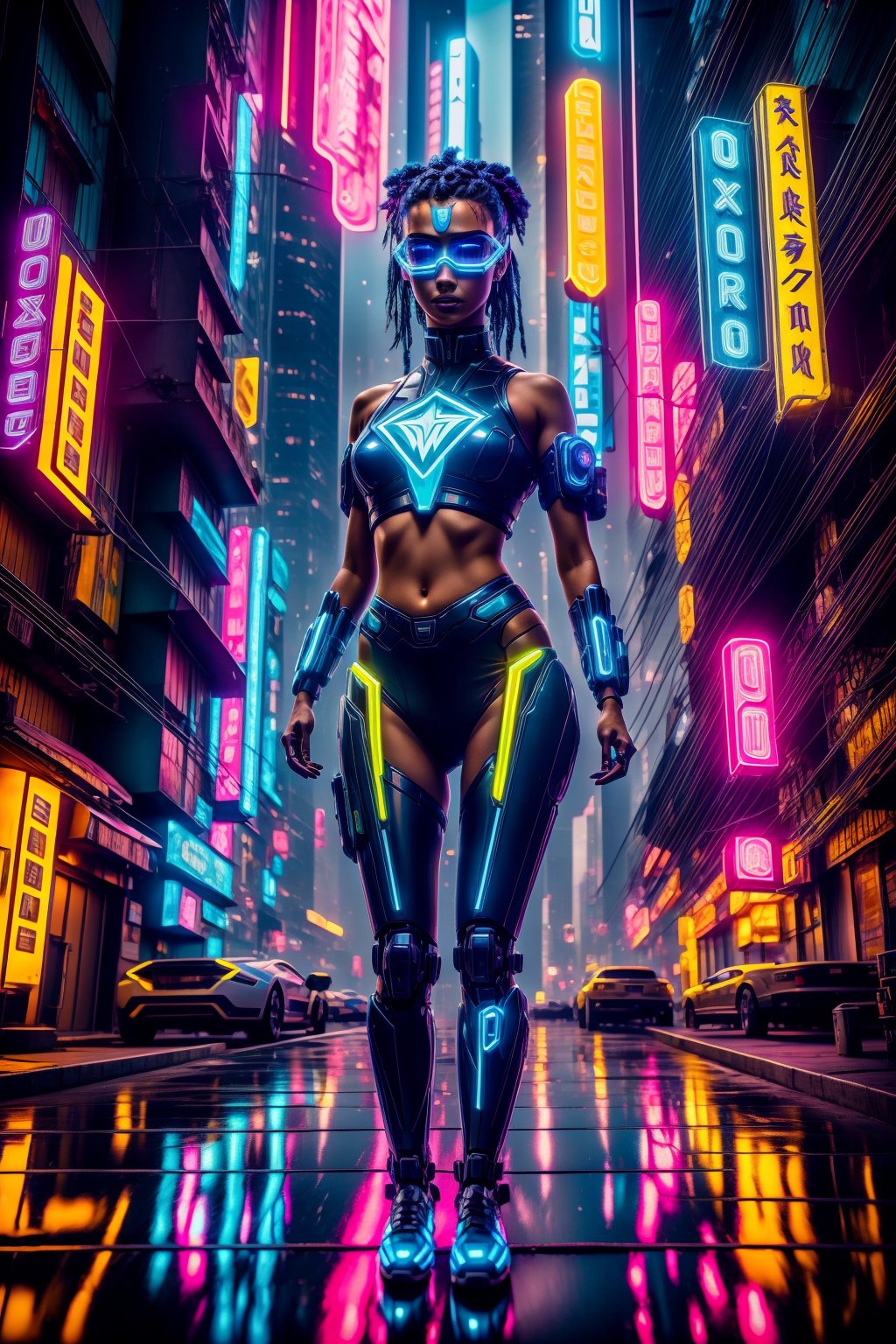 Masterpiece, Best Quality, highres, 1girl, full body, hyper detailed, ultra realistic,
Beneath a bioluminescent cityscape where buildings pulse with organic light, a young cyborg warrior with glowing veins and chrome implants sprints through the neon jungle. Wielding blades that crackle with captured bioluminescence, she dances a deadly ballet against augmented drones, leaving a trail of electric blue sparks in her wake. (Think: Avatar meets Cyberpunk 2077, with a dash of bioluminescent weaponry)
,photorealistic,Realism,Portrait,cYbeR