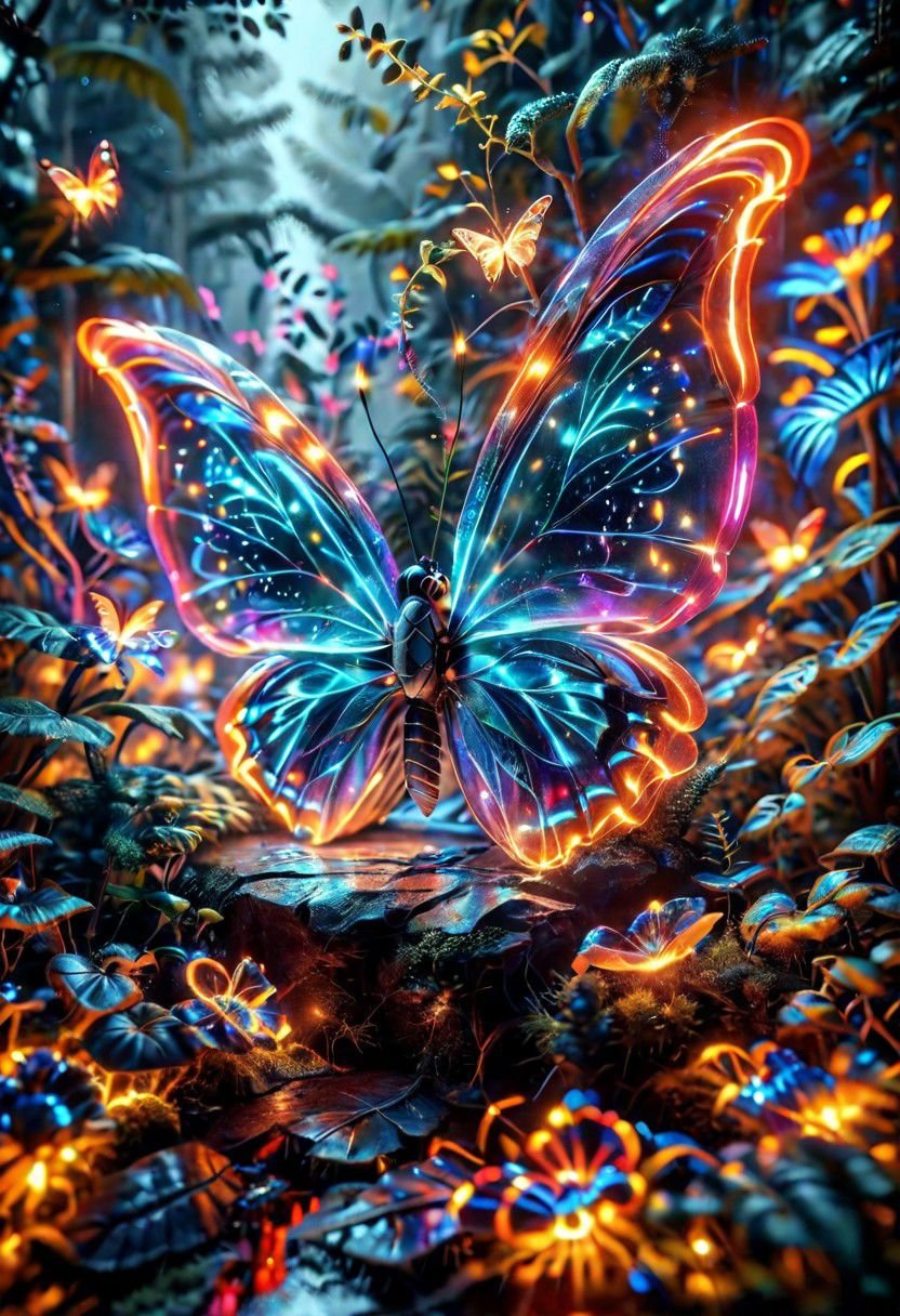 glass butterfly, on neon flower in enchanted forest, ultra detailed, realistic, vivid colors, volumetric lighting,