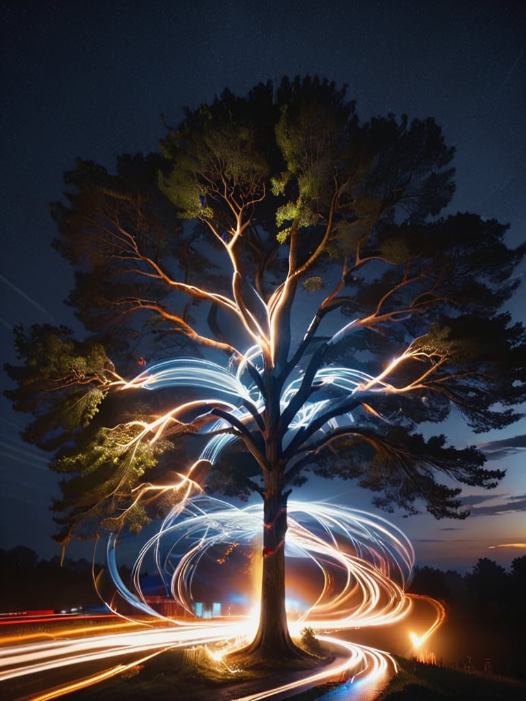 ral-exposure, a tree with light trails in the air <lora:ral-exposure-sdxl:1>