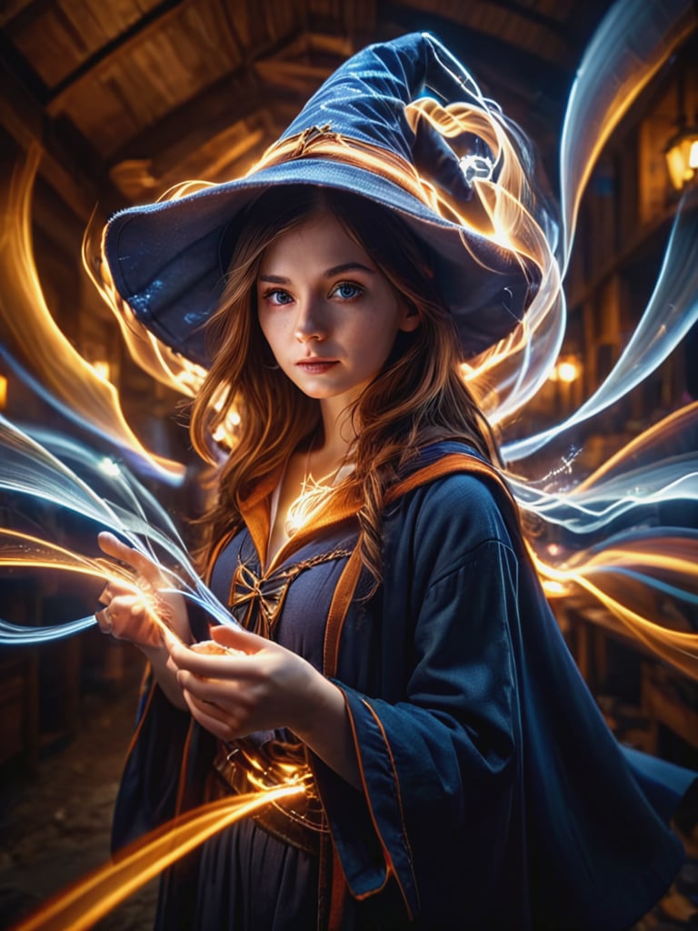 ral-exposure, Long exposure photo of a young woman, ((wizard outfit)), epic scene, dynamic camera, backlight, (close up:1.2), high quality photography, 3 point lighting, flash with softbox, 4k, Canon EOS R3, hdr, smooth, sharp focus, high resolution, award winning photo, 80mm, f2.8, bokeh . Blurred motion, streaks of light, surreal, dreamy, ghosting effect, highly detailed <lora:ral-exposure-sdxl:1>