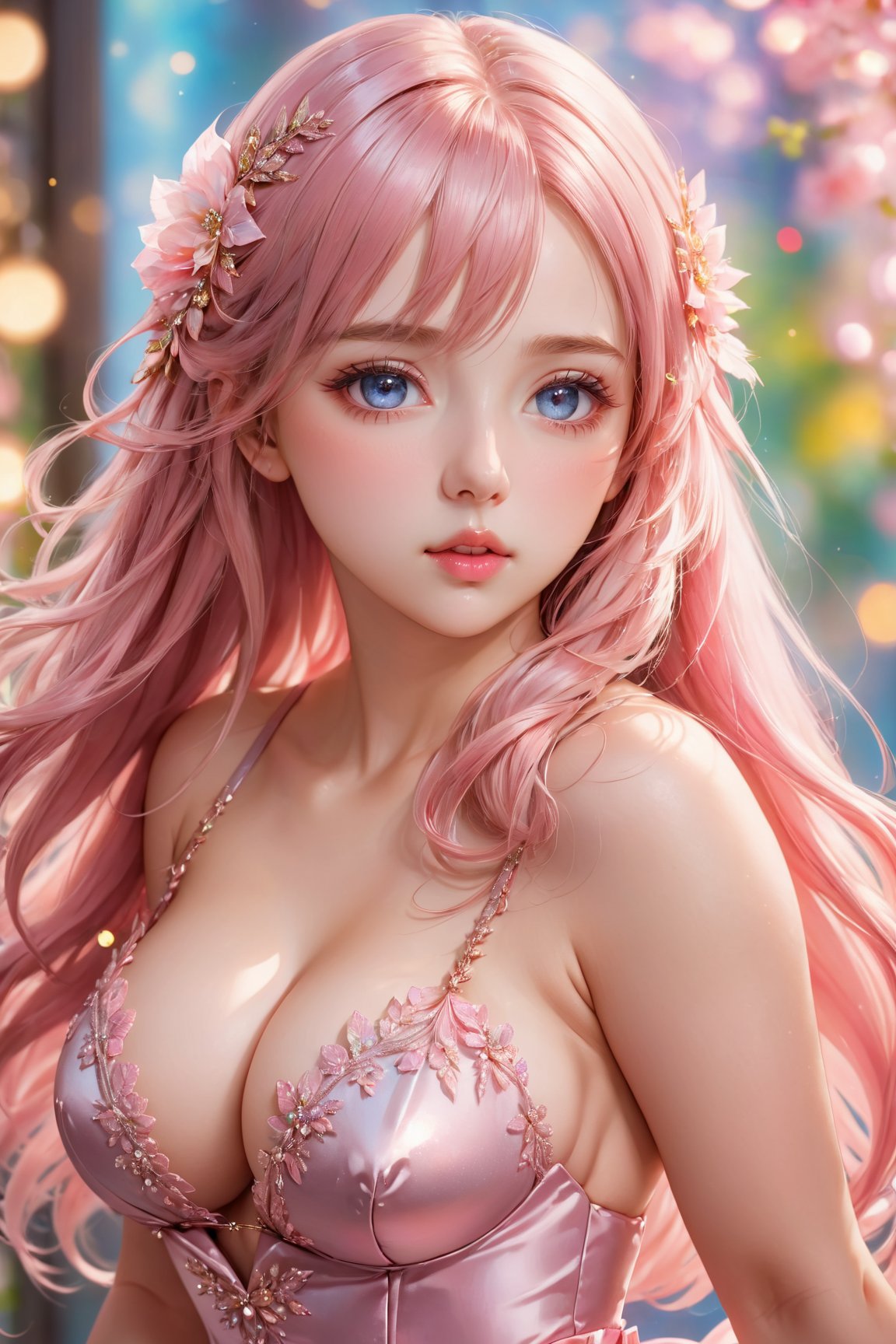 cute,sexy,anime,girl,huge breast,(best quality,4k,highres,masterpiece:1.2),ultra-detailed,realistic,portrait,vivid colors,sharp focus,(anime style:1.1),long hair,beautiful detailed eyes and face,pink lips,glamorous expression,slightly open mouth,shiny hair,flowing dress,feminine pose,soft lighting,pastel color palette,bright background,subtle bokeh