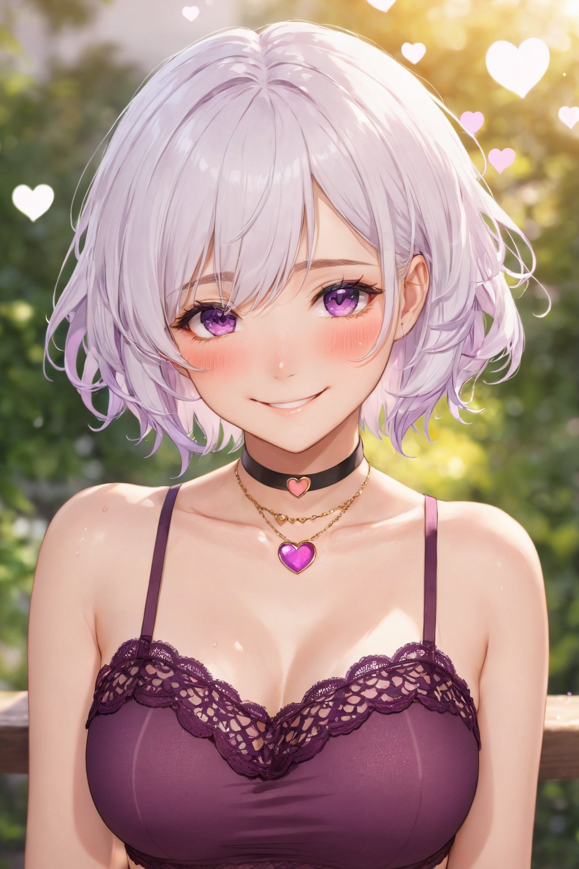 anime, 1girl, heart-shaped pupils, fingernails, white hair, purple eyes, (blush:1.1), choker, upper body, trembling, sweat, sweatdrop, heart, (medium breasts:1), love, heart, crop top, happy, smile, lace, bokeh, (freckles:0.8),portrait