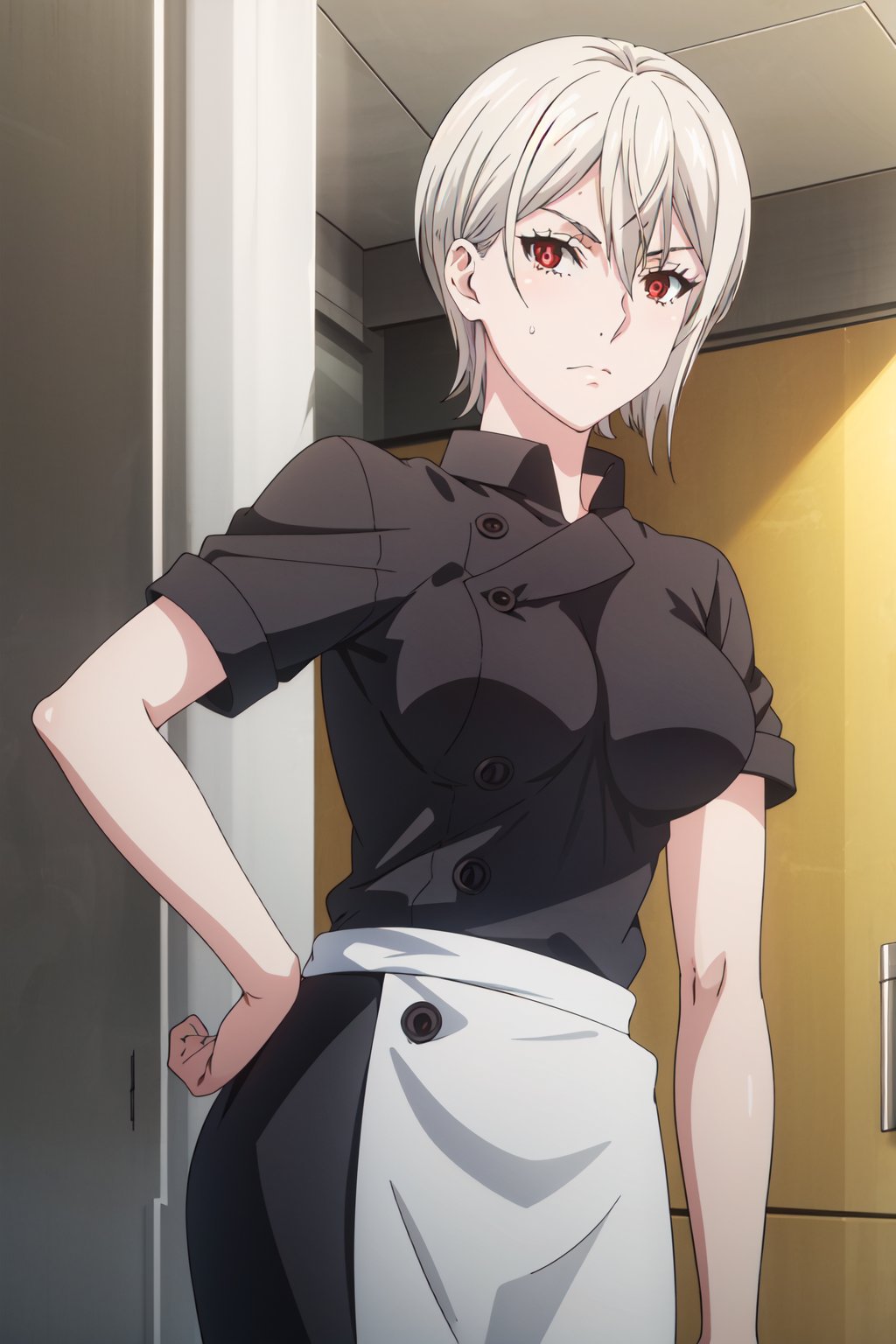 <lora:anime_screencap_v2:0.3> tall body, tall, long legs, mature female, mature, adult, <lora:GoodHands-beta2:1.4>, <lora:eft_foodwars_alice-02:0.9> EFT_Foodwars_Alice, 1girl, solo, red eyes, short hair, breasts, looking at viewer, chef, medium breasts, upper body, hair between eyes, closed mouth, white hair, buttons