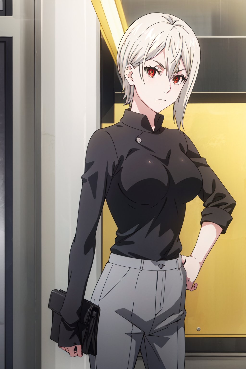 <lora:anime_screencap_v2:0.3> tall body, tall, long legs, mature female, mature, adult, <lora:GoodHands-beta2:1.4>, <lora:eft_foodwars_alice-02:1> EFT_Foodwars_Alice, red eyes, solo, short hair, looking at viewer, 1girl, hair between eyes, white hair, sweater, upper body, closed mouth