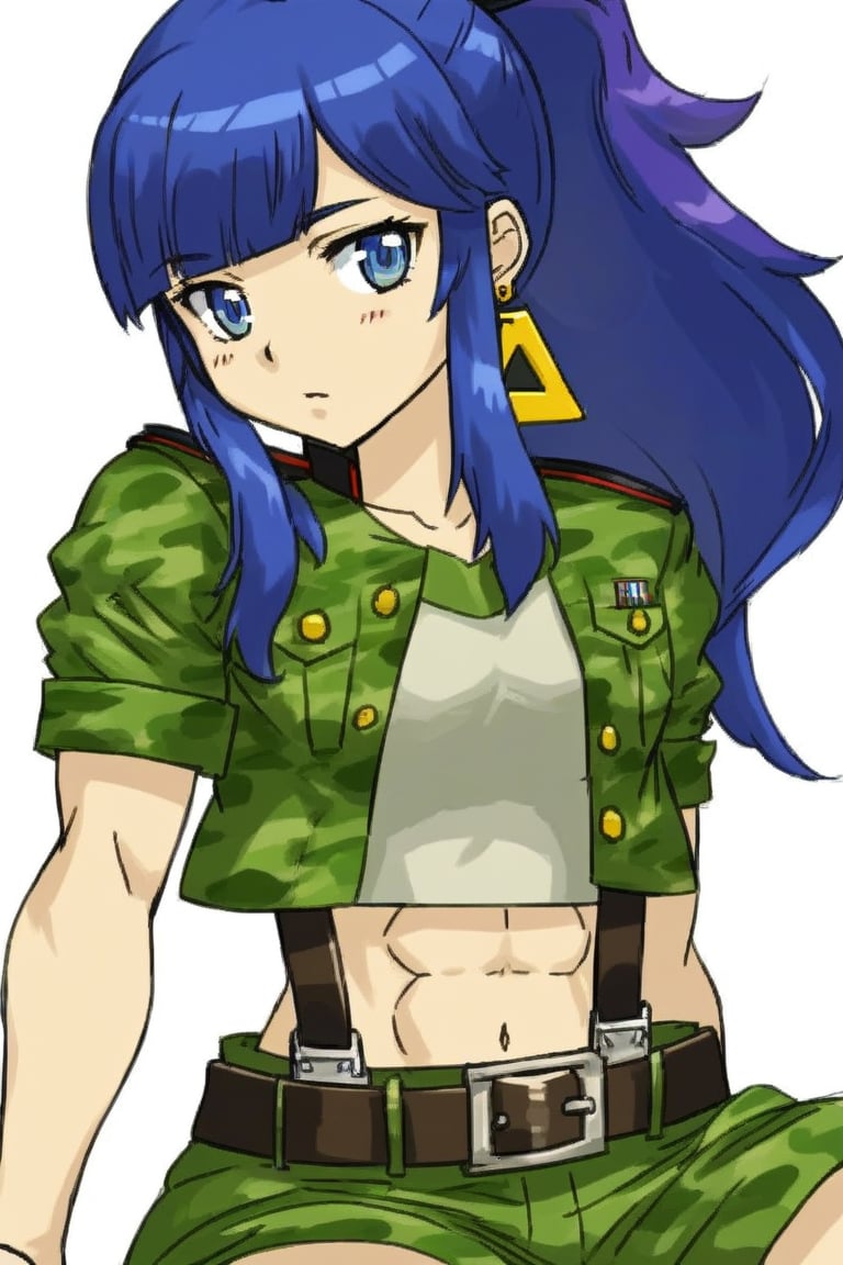 ca3, portrait, 1girl, solo,Anime girl, 1girl, solo, siting down in school, loli,
((leona heidern)), 1girl, bangs, blue hair, ponytail, long hair, sidelocks, blue eyes, cropped jacket, earrings, black gloves, suspenders, green jacket, green shorts, triangle earrings, green tank top, short sleeves, crop top, navel, military uniform, camouflage, combat boots, belt, muscular female, white background,