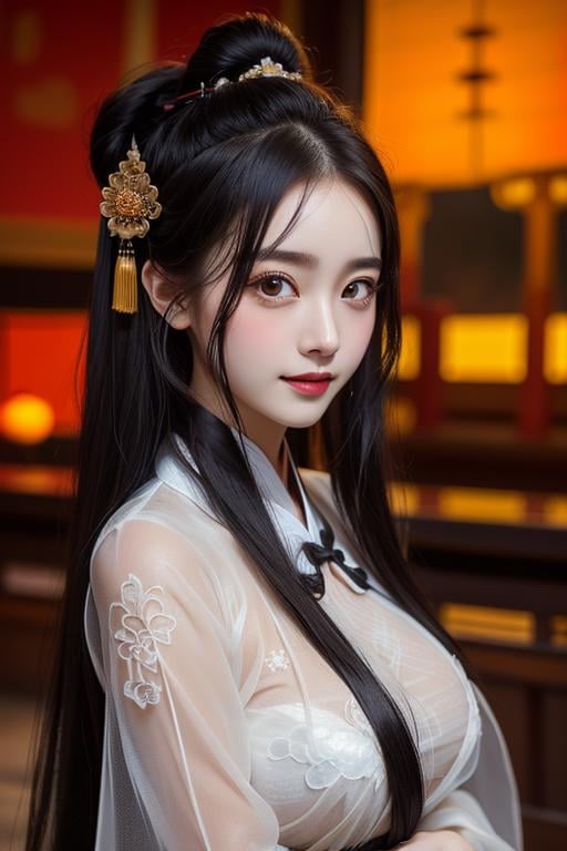 (((masterpiece))), (((best quality))), (((half body photo))), (((closeup))), solo, 1girl, smile, longhair, ribbon, ((light black golden see through complex pattern chiffon hanfu))), (((huge tits))), (((petite figure))),  (((ancient china palace))), ((night lighting)),