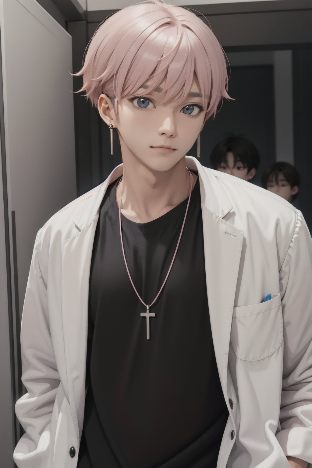 male face,ikemen, kpop,ikemen, kpop,ikemen, handsome, black t-shirt, necklace, earrings, pink blond hair, white coat, mad scientist, lab