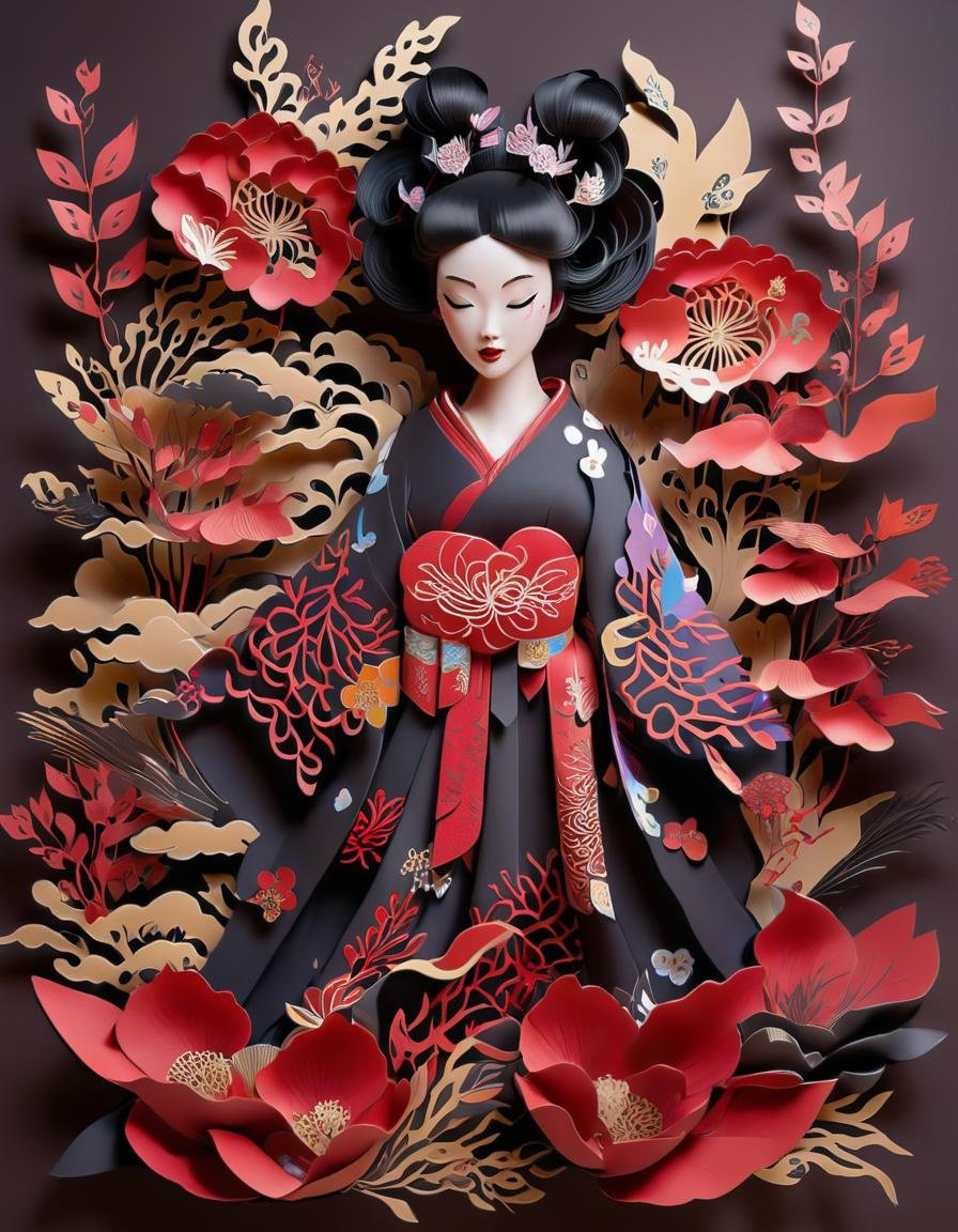 hair ornament, makeup, kirigami, black hair, japanese clothes, fine art parody, standing, sash, lipstick, closed eyes, flower, papercut, 1girl, cloud, black kimono, eyeshadow, floral print, hair stick, obi, pale skin, spider lily, updo, full pretty, colorful <lora:KirigamiXL:1>