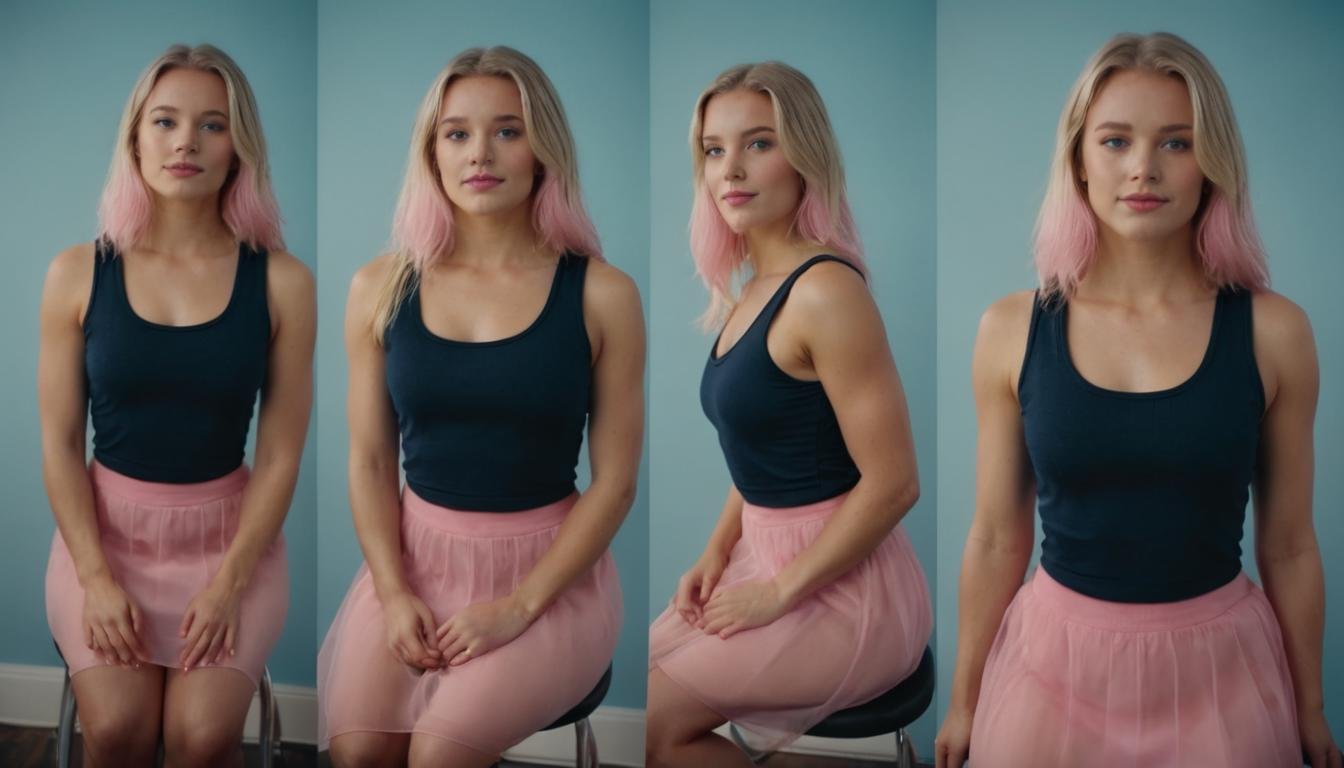 cinematic film still multiple views, 1girl, blonde hair, pink skirt, sitting, long hair, navel, barefoot, stool, fitness black tank top, standing, looking at viewer, lips, blue eyes, chair, realistic, back, smile, hands behind head, light makeup <lora:MultipleViewsXL:0.75>, , <lora:FILM_PHOTOGRAPHY_STYLE:0.25> . shallow depth of field, vignette, highly detailed, high budget, bokeh, cinemascope, moody, epic, gorgeous, film grain, grainy