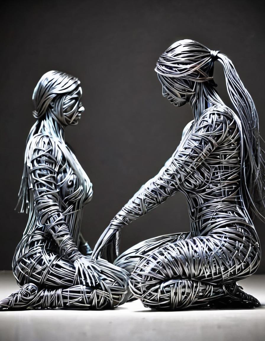 wire sculpture, kneeling, ponytail, 1girl, breasts, long hair, sitting, monochrome, polished, beautiful, delicate, highly detailed, intricate, sharp focus, cool, futuristic, background, illuminated, cinematic, pristine, artistic, grand, decorated, deep vivid, very inspirational,, thought, clear, dramatic, dynamic, light, color, epic <lora:WiredXL:1>, , <lora:FILM_PHOTOGRAPHY_STYLE:0.25>