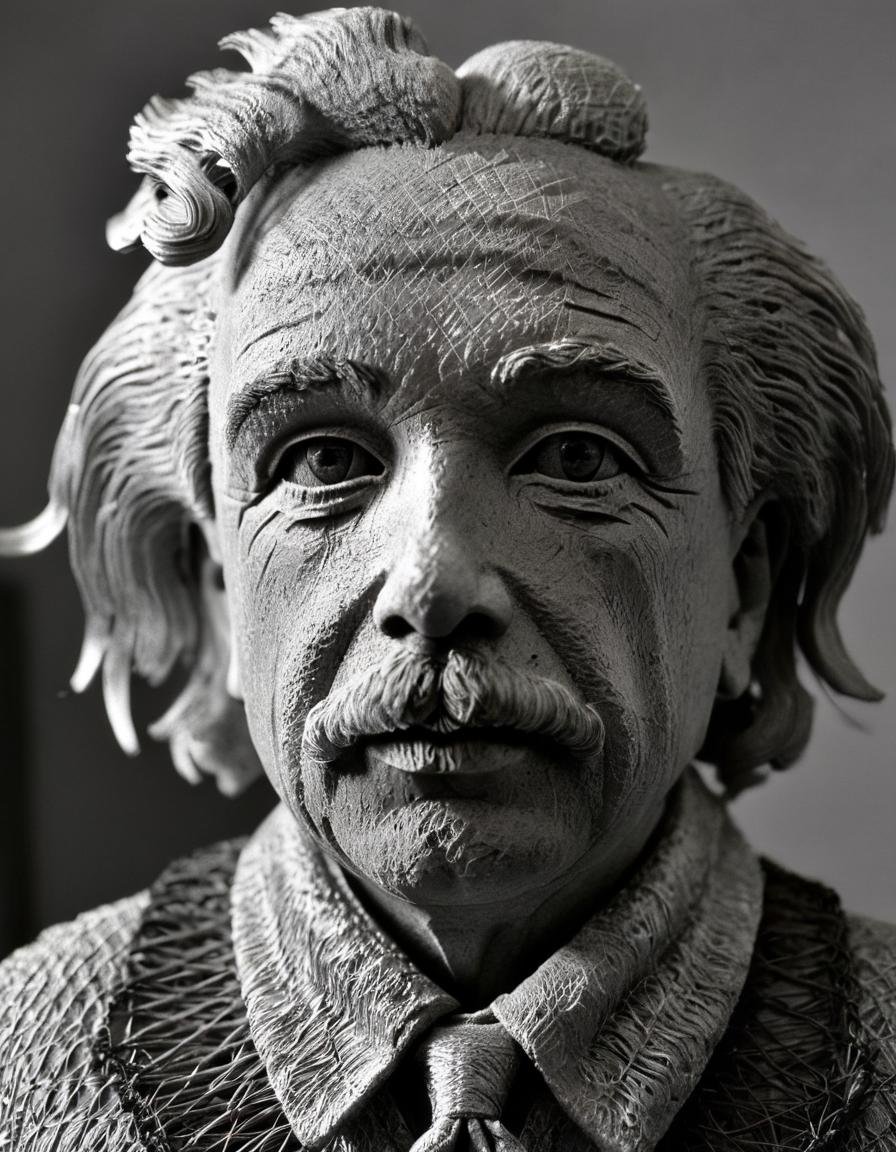 wire sculpture, Albert Einstein, upper body, greyscale, monochrome, 1boy, male focus, facial hair, necktie, collared shirt, cinematic, elegant, intricate, highly detailed, surreal, sharp, fair, clear, artistic, very beautiful, innocent, pure, light, background, illuminated, color, epic, extremely complex, glowing, strong <lora:WiredXL:1>, , <lora:FILM_PHOTOGRAPHY_STYLE:0.25>