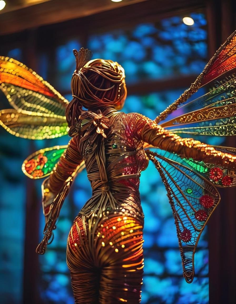 wire sculpture, insect wings, hands on hips, photo background, 1girl, ass, from behind, cinematic, dramatic ambient, sharp focus, intricate, detailed, bright colors, elegant, lush romantic, highly structured, artistic, deep aesthetic, cool color, illuminated glossy colorful, winning grand complex, very inspirational, fine detail, professional, innocent, epic light, atmosphere <lora:WiredXL:1>, , <lora:FILM_PHOTOGRAPHY_STYLE:0.25>