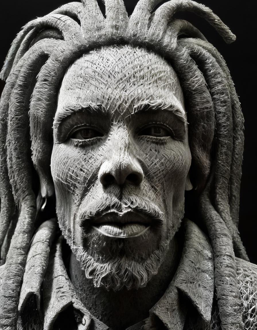 wire sculpture, Bob Marley, upperbody, monochrome, greyscale, male focus, 1boy, horror \(theme\), facial hair, looking at viewer, black background, closed mouth, portrait, highly detailed, advanced, cool, sunny, modern fine intricate cinematic color, new, artistic, symmetry, light, amazing, pure colors, very inspirational <lora:WiredXL:1>, , <lora:FILM_PHOTOGRAPHY_STYLE:0.25>