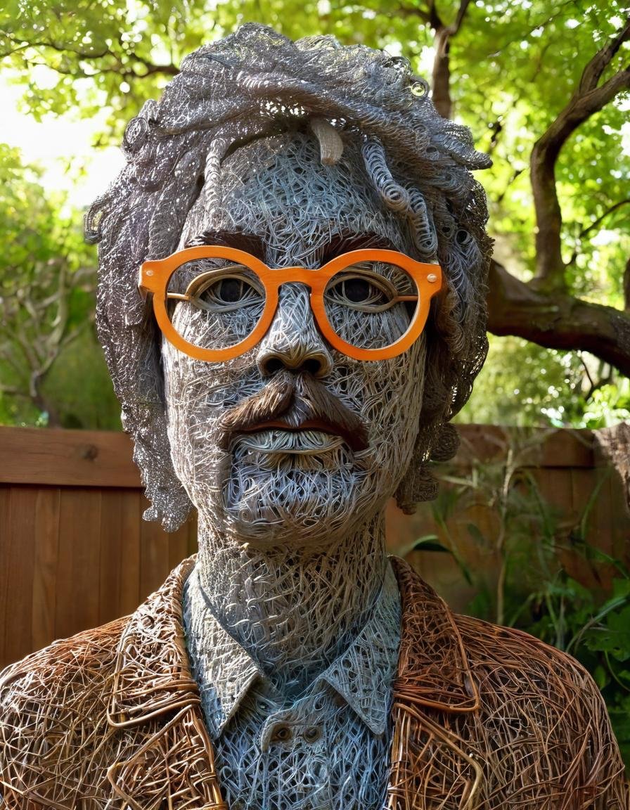 wire sculpture, John Lenon, upper body, glasses, tree, outdoors, 1boy, male focus, watermark, contemporary, cinematic, new classic, great composition, dramatic, elegant, intricate, highly detailed, sharp, artistic color, modern fine detail, inspired, rich light, surreal, open background, iconic, epic, imposing, strong, illuminated, incredible <lora:WiredXL:1>, , <lora:FILM_PHOTOGRAPHY_STYLE:0.25>