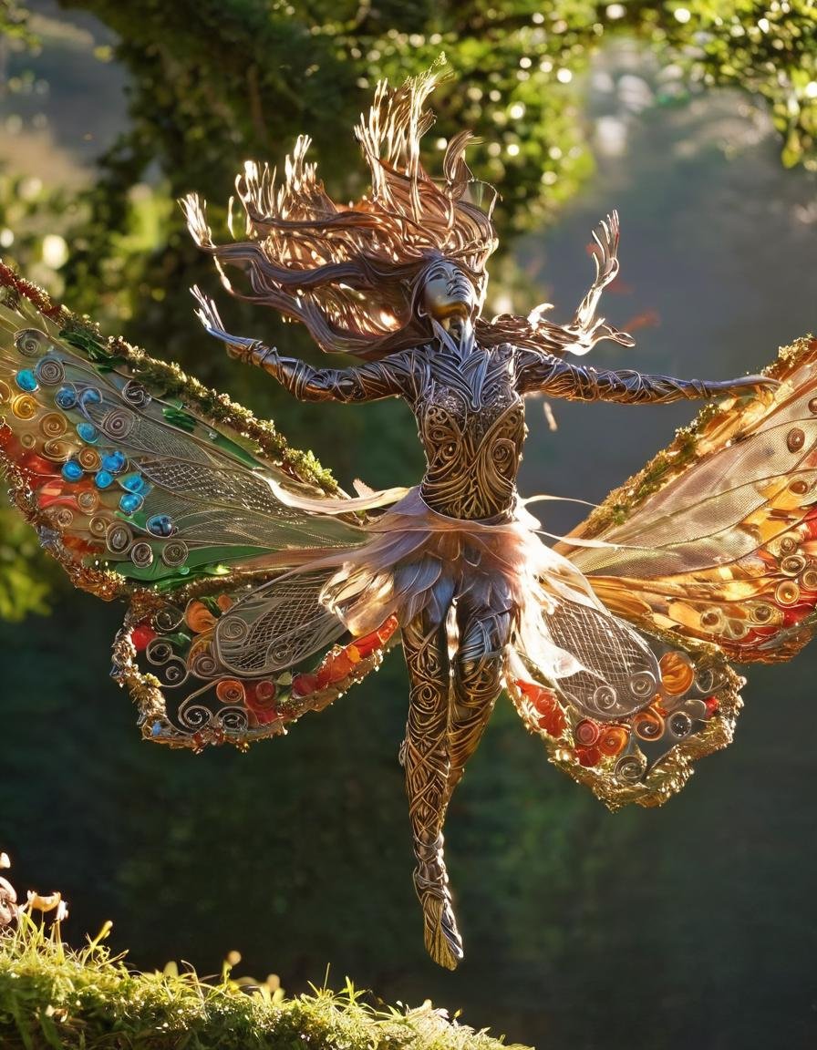 wire sculpture, wings, a fairy jumping, hair on the air, butterfly, 1girl, long hair, nature background, intricate, highly detailed, lush, sharp focus, dramatic light, open dynamic color, artistic, clear, beautiful, aesthetic, great, grand, symmetry, inspired, rich deep colors, cinematic, fine detail, enhanced, lucid, surreal, very inspirational <lora:WiredXL:1>, , <lora:FILM_PHOTOGRAPHY_STYLE:0.25>