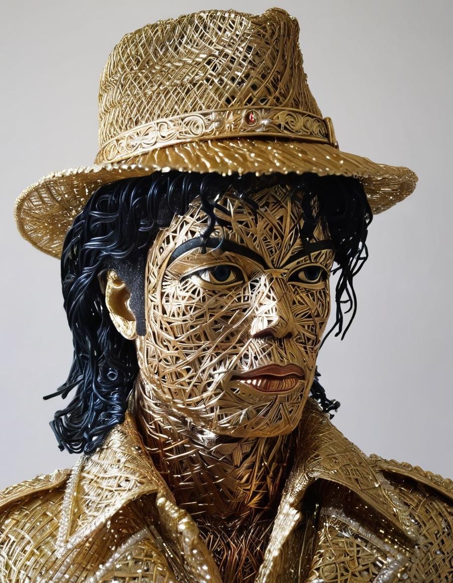 wire sculpture, michael jackson, upper body, hat, simple background, white background, 1boy, looking at viewer, beautiful, delicate, intricate, highly detailed, cinematic, artistic, sharp focus, modern fine classic, great composition, dramatic atmosphere, dynamic light, epic, ambient, elaborate, thought, iconic, imposing, rich detail, professional, creative, awesome <lora:WiredXL:1>, , <lora:FILM_PHOTOGRAPHY_STYLE:0.25>