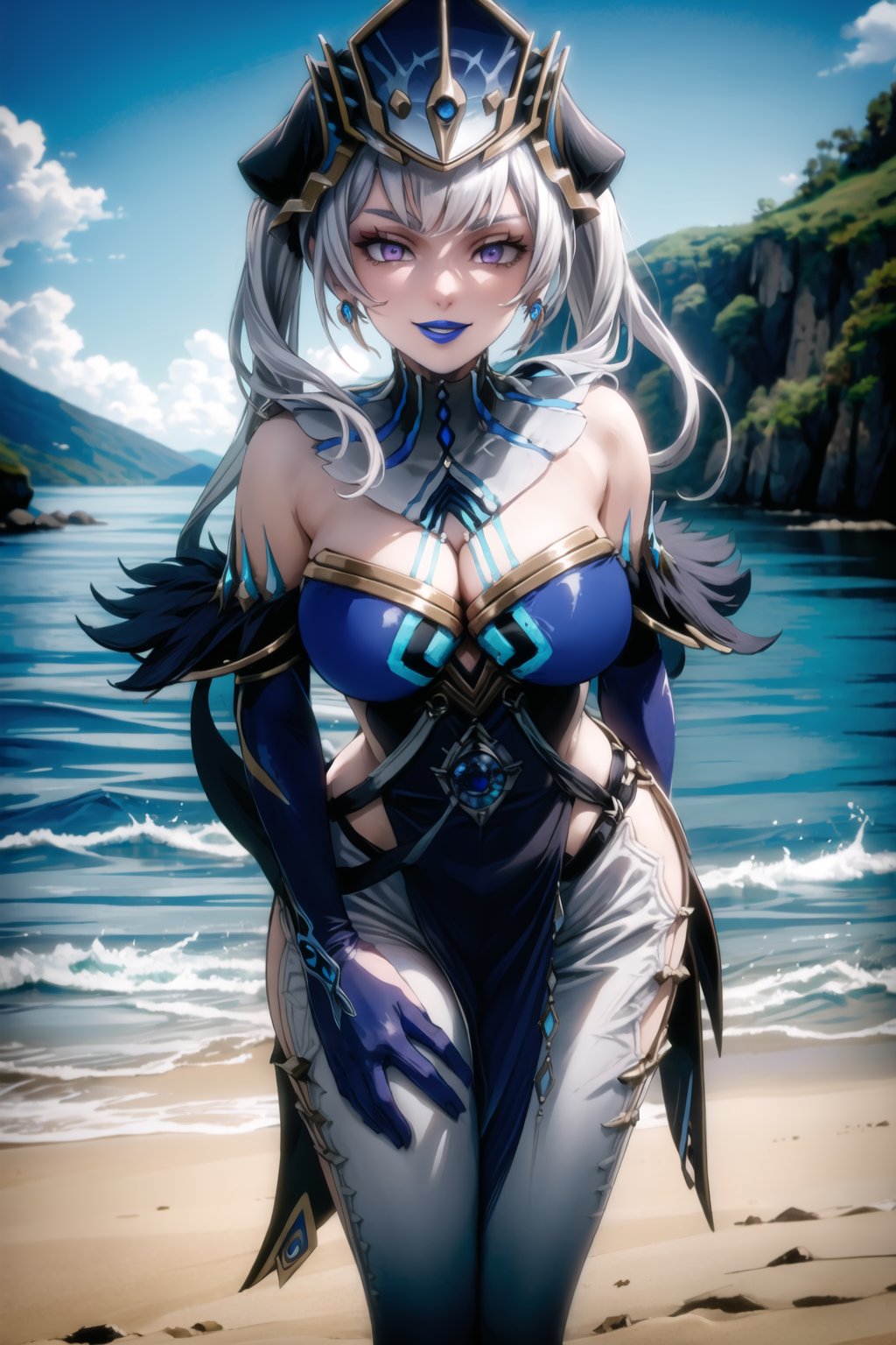 ((best quality)),  ((highly detailed)), ((noelle_silva, silver hair,purple eyes, twintails, bangs, earrings, jewelry)) , masterpiece, 1girl,  evil smile:1.2, smug, seductive smile, solo, ,lips ,standing,  MirrorMaiden, dress, cleavage,  lipstick, ((blue lips:1.2)), blue headwear, hat, fur trim, blue gloves, gloves, elbow gloves, white pants,boots,  beach, sand, water, posing, outdoors