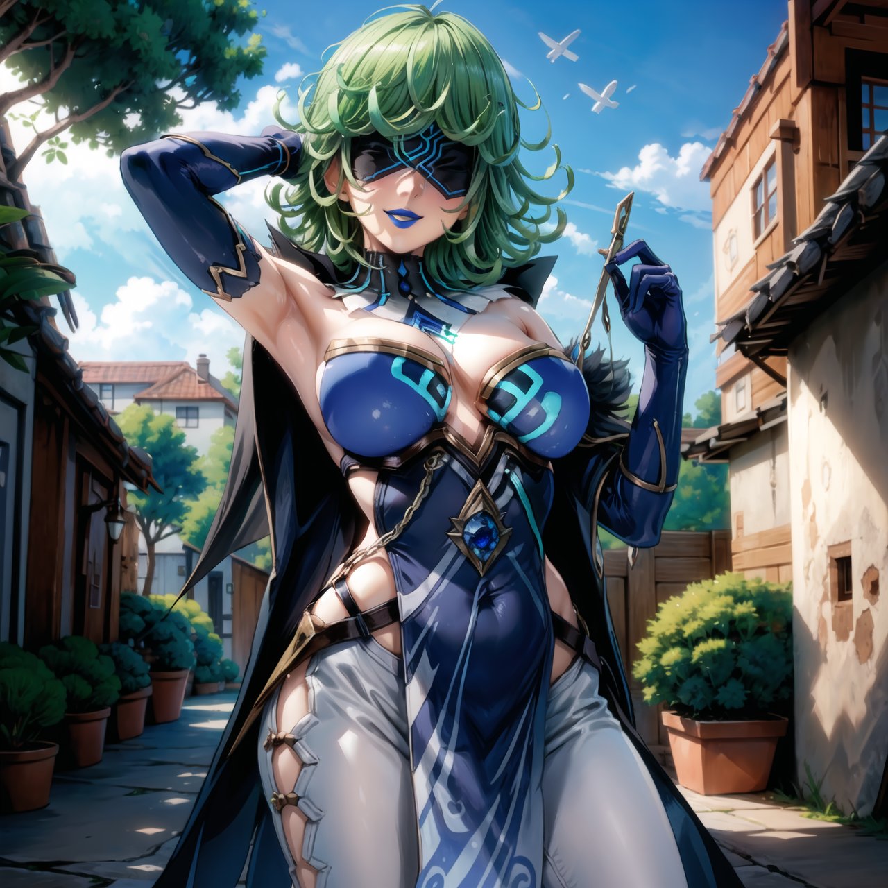 ((best quality)),  ((highly detailed)), (tatsumaki, green hair), dutch angle, masterpiece, 1girl,  evil smile:1.2, smug, seductive smile, solo, ,lips, makeup, ,standing,  MirrorMaiden, blindfold, mask, eye mask, dress, cleavage, makeup, lipstick, ((blue lips:1.2)), fur trim, blue gloves, gloves, elbow gloves, white pants, ((posing)), outdoors, floating, flying