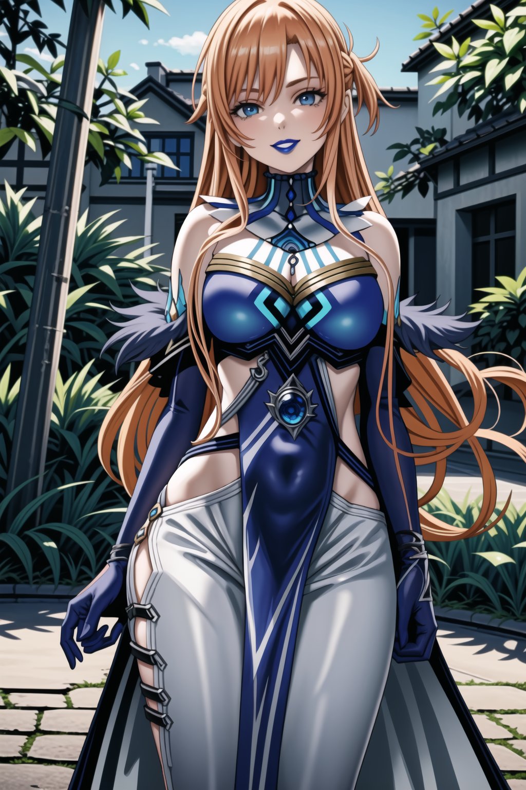 ((best quality)),  ((highly detailed)), (aaasuna, long hair, orange hair, red hair), ((straight_hair)),masterpiece, 1girl,  evil smile:1.2, smug, seductive smile, solo, ,lips, makeup, ,standing,  MirrorMaiden, dress, cleavage, makeup, lipstick, ((blue lips:1.2)), fur trim, blue gloves, gloves, elbow gloves, white pants, posing, outdoors,,,<lora:659111690174031528:1.0>