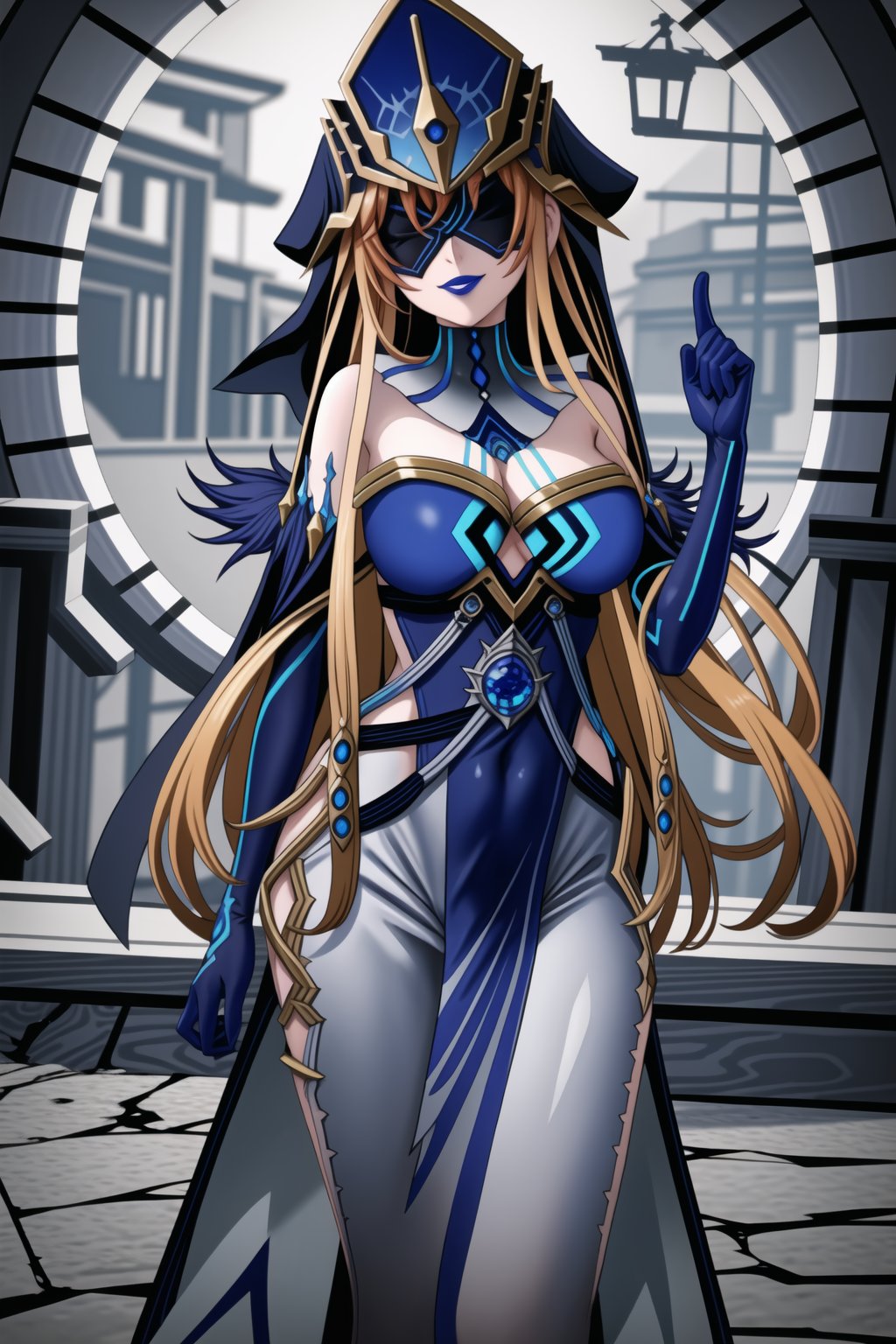 ((best quality)),  ((highly detailed)), (aaasuna, long hair, orange hair, red hair), ((straight_hair)),veil, masterpiece, 1girl,  evil smile:1.2, smug, seductive smile, solo, ,lips, makeup, ,standing,  MirrorMaiden, blindfold, mask, eye mask, dress, cleavage, makeup, lipstick, ((blue lips:1.2)), blue headwear, hat, fur trim, blue gloves, gloves, elbow gloves, white pants, posing, outdoors,,,<lora:659111690174031528:1.0>