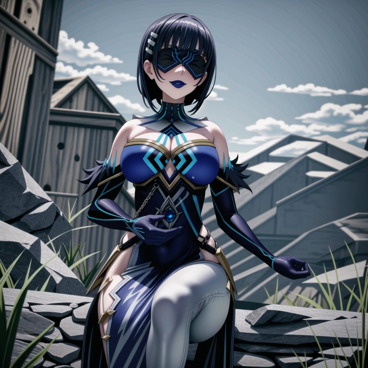 ((best quality)),  ((highly detailed)), (kirigaya suguha, blunt bangs, short bangs, black hair, short hair, hair ornament, hairclip), masterpiece, 1girl,  evil smile:1.2, smug, seductive smile, solo, ,lips, makeup, ,standing,  MirrorMaiden, blindfold, mask, eye mask, dress, cleavage, makeup, lipstick, ((blue lips:1.2)), fur trim, blue gloves, gloves, elbow gloves, white pants, sitting, ((posing)), outdoors,,<lora:659111690174031528:1.0>