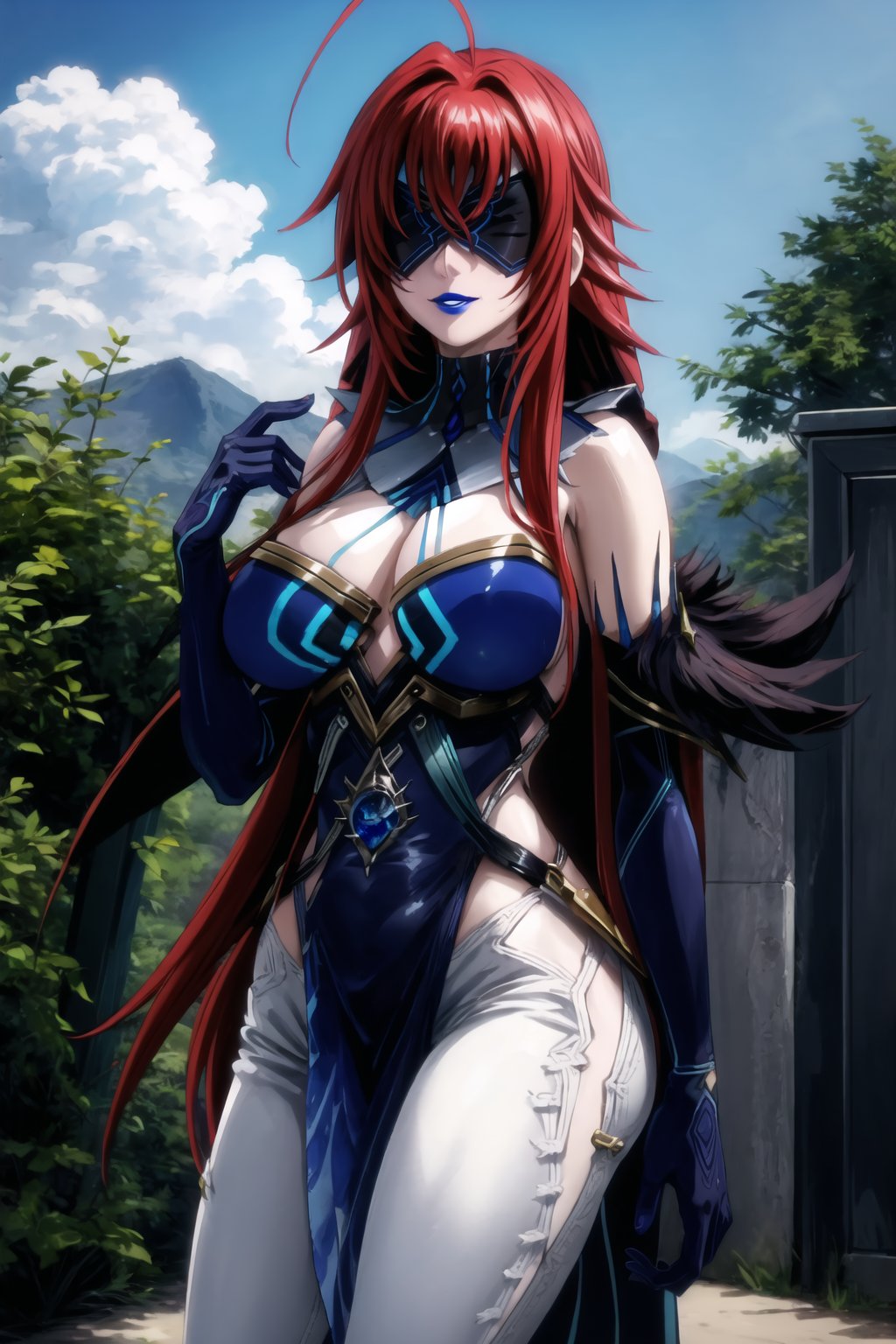 ((best quality)),  ((highly detailed)), dutch angle,(rias gremory, long hair, red hair), ((straight_hair)), masterpiece, 1girl,  evil smile:1.2, smug, seductive smile, solo, ,lips, makeup, ,standing,  MirrorMaiden, blindfold, mask, eye mask, dress, cleavage, makeup, lipstick, ((blue lips:1.2)), fur trim, blue gloves, gloves, elbow gloves, white pants,  ((posing)), outdoors, floating, flying