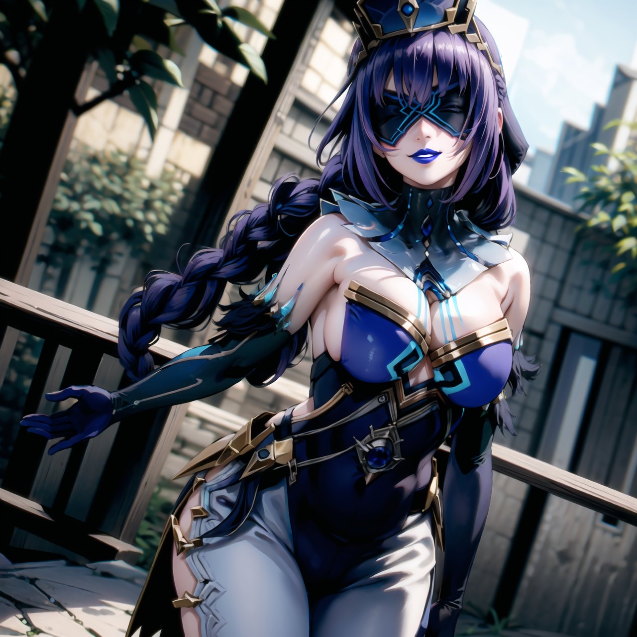 ((best quality)),  ((highly detailed)), dutch angle,(sumire kakei, single braid:1.3, purple hair), masterpiece, 1girl,  evil smile:1.2, smug, seductive smile, solo, ,lips, makeup, ,standing,  MirrorMaiden, blindfold, mask, eye mask, dress, cleavage, makeup, lipstick, ((blue lips:1.2)), fur trim, blue gloves, gloves, elbow gloves, white pants,  ((posing)), outdoors, floating, flying,
