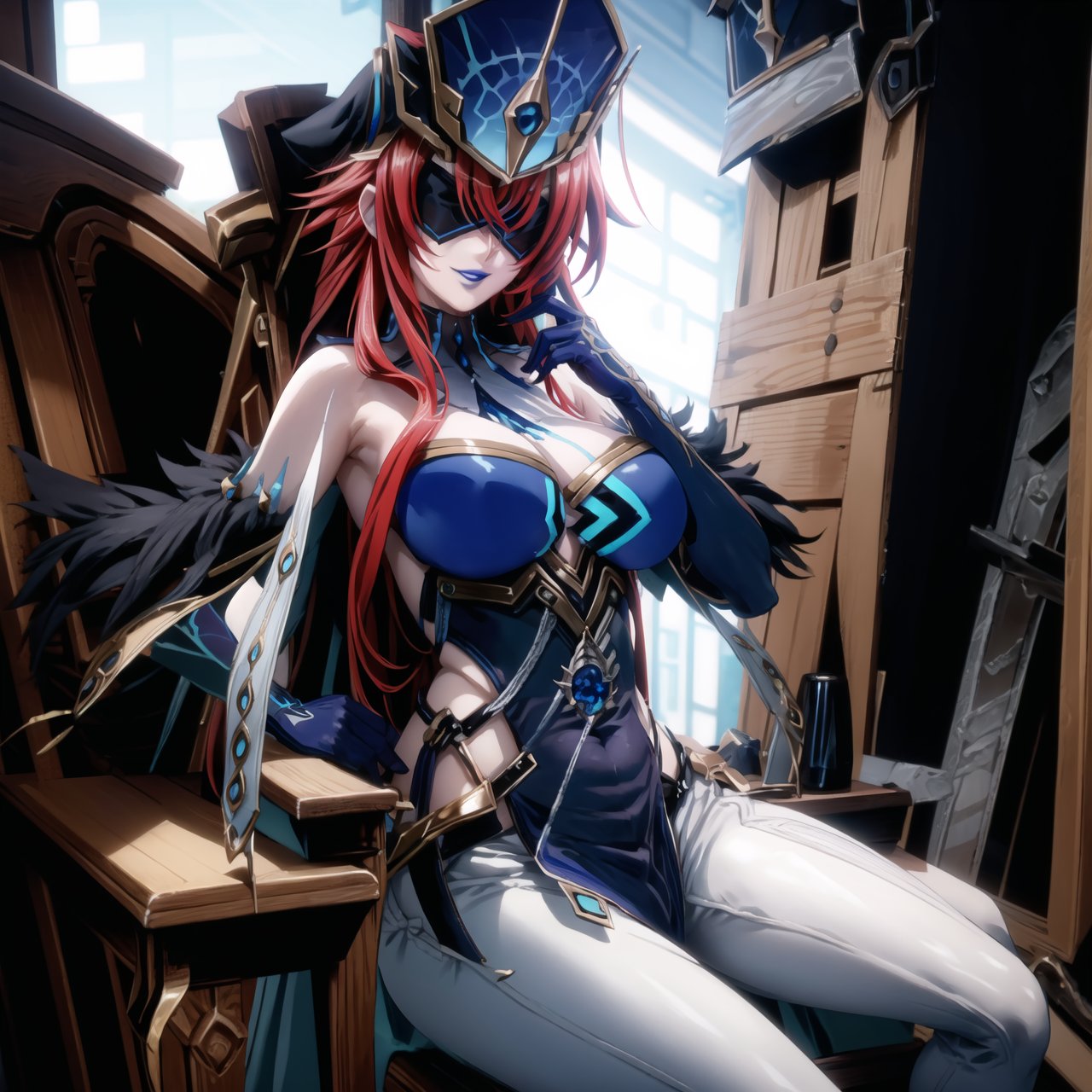 ((best quality)),  ((highly detailed)), (rias gremory, long hair, red hair), ((straight_hair)), masterpiece, 1girl,  evil smile:1.2, smug, seductive smile, solo, ,lips, makeup, ,standing,  MirrorMaiden, blindfold, mask, eye mask, dress, cleavage, makeup, lipstick, ((blue lips:1.2)), fur trim, blue gloves, gloves, elbow gloves, white pants, sitting, ((posing)), outdoors,,,,,rias gremory,