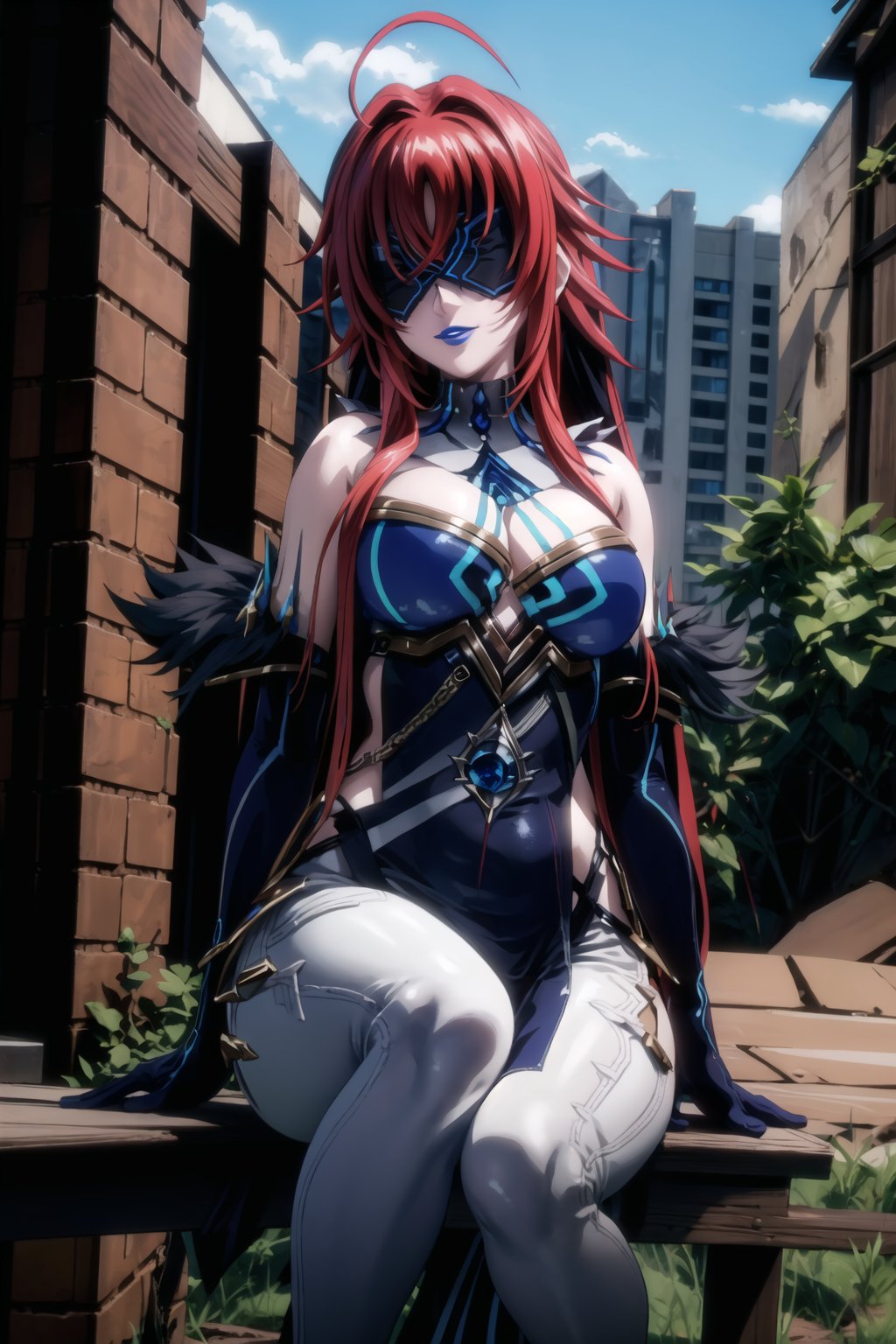 ((best quality)),  ((highly detailed)), (rias gremory, long hair, red hair), ((straight_hair)), masterpiece, 1girl,  evil smile:1.2, smug, seductive smile, solo, ,lips, makeup, ,standing,  MirrorMaiden, blindfold, mask, eye mask, dress, cleavage, makeup, lipstick, ((blue lips:1.2)), fur trim, blue gloves, gloves, elbow gloves, white pants, sitting, ((posing)), outdoors,,,,,rias gremory,
