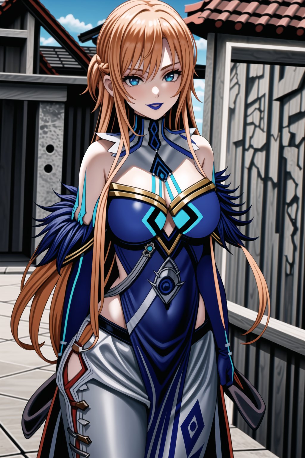 ((best quality)),  ((highly detailed)), (aaasuna, long hair, orange hair, red hair), ((straight_hair)),masterpiece, 1girl,  evil smile:1.2, smug, seductive smile, solo, ,lips, makeup, ,standing,  MirrorMaiden, dress, cleavage, makeup, lipstick, ((blue lips:1.2)), fur trim, blue gloves, gloves, elbow gloves, white pants, posing, outdoors,,,<lora:659111690174031528:1.0>