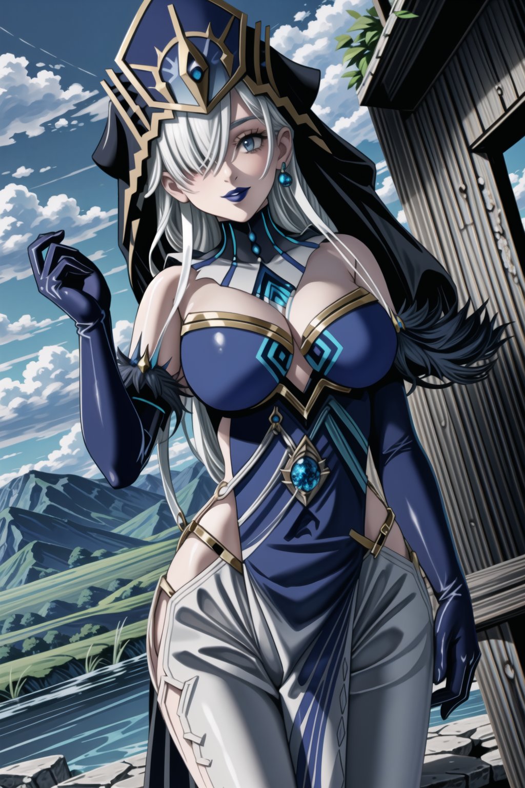 ((best quality)),  ((highly detailed)), ((dutch angle)),(elizabeth, long hair, white hair, hair over one eye, single earring),  blue headwear, hat, veil, masterpiece, 1girl,  evil smile:1.2, smug, seductive smile, solo, ,lips, ,standing,  MirrorMaiden, dress, cleavage, lipstick, ((blue lips:1.2)), fur trim, blue gloves, gloves, elbow gloves, white pants,  ((posing)), outdoors, floating, flying,,,<lora:659111690174031528:1.0>