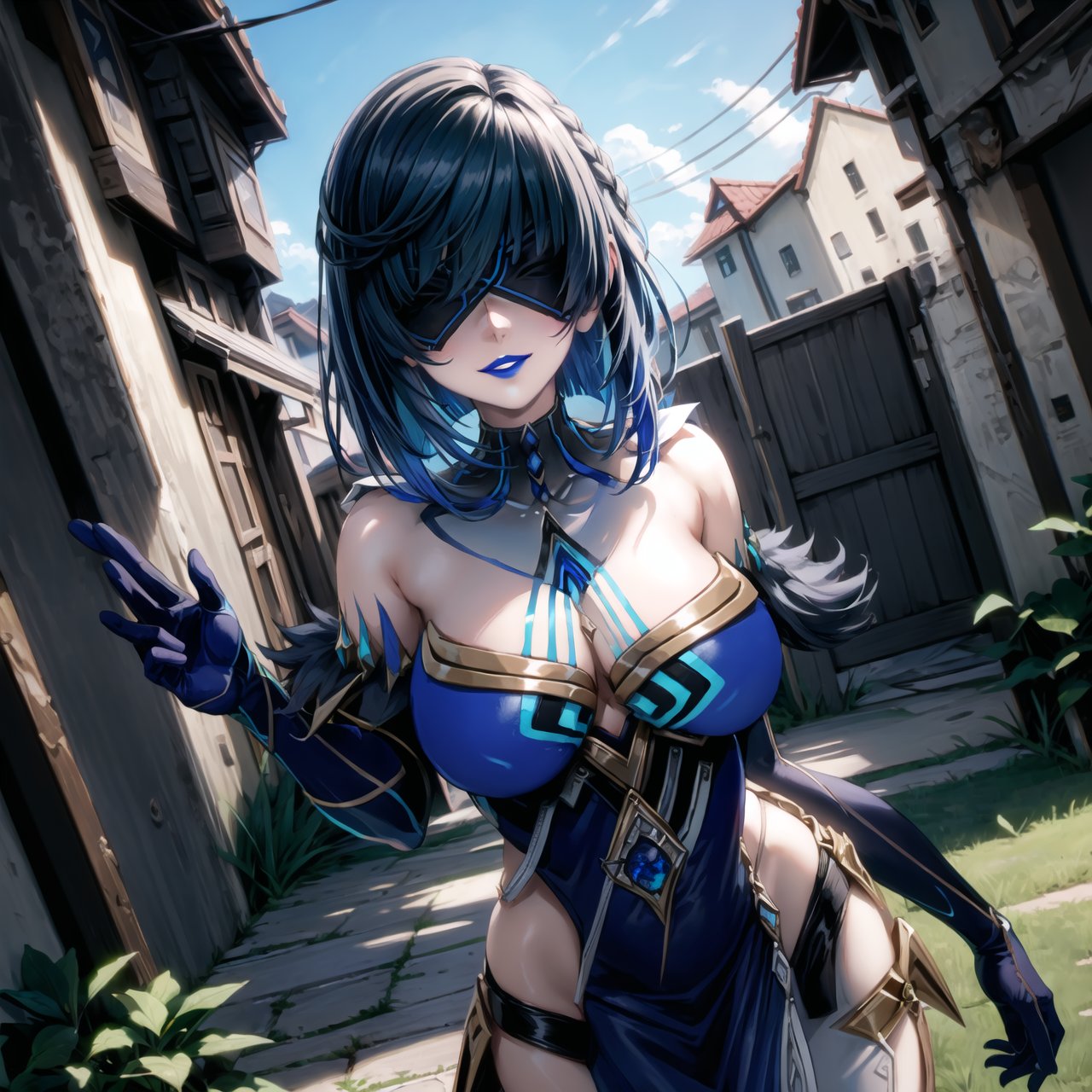 ((best quality)),  ((highly detailed)), dutch angle,(aayelan, short hair, bob cut, braid, black hair), masterpiece, 1girl,  evil smile:1.2, smug, seductive smile, solo, ,lips, makeup, ,standing,  MirrorMaiden, blindfold, mask, eye mask, dress, cleavage, makeup, lipstick, ((blue lips:1.2)), fur trim, blue gloves, gloves, elbow gloves, white pants,  ((posing)), outdoors, floating, flying