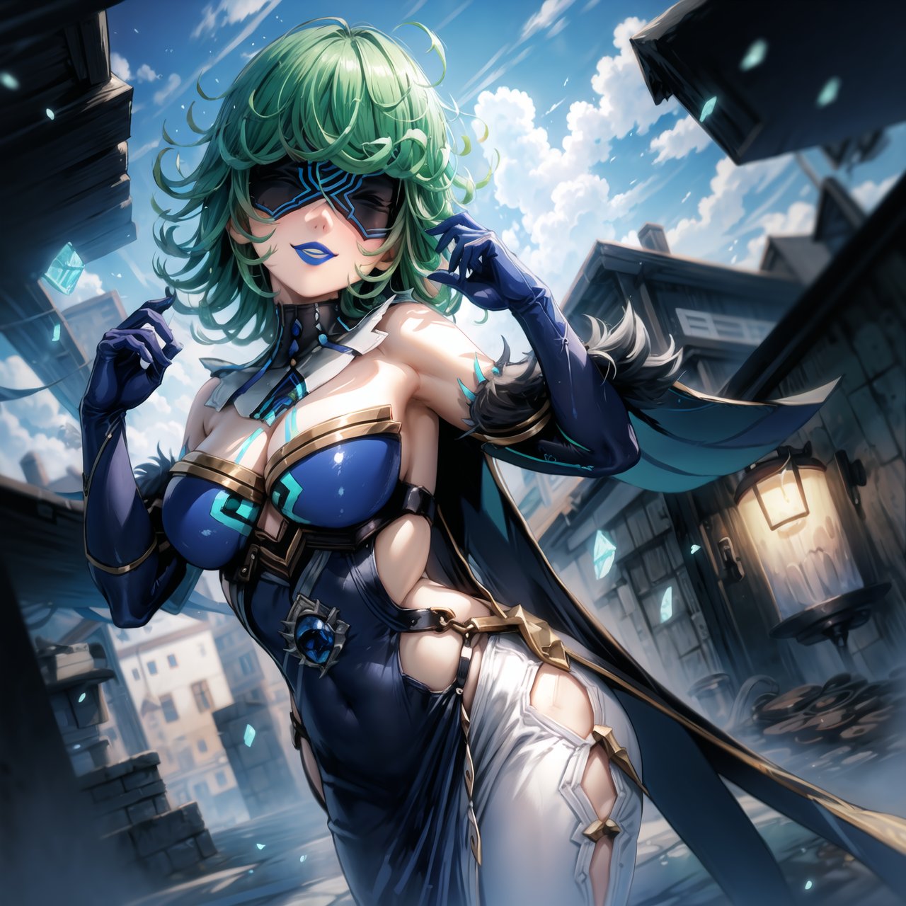 ((best quality)),  ((highly detailed)), (tatsumaki, green hair), dutch angle, masterpiece, 1girl,  evil smile:1.2, smug, seductive smile, solo, ,lips, makeup, ,standing,  MirrorMaiden, blindfold, mask, eye mask, dress, cleavage, makeup, lipstick, ((blue lips:1.2)), fur trim, blue gloves, gloves, elbow gloves, white pants, ((posing)), outdoors, floating, flying