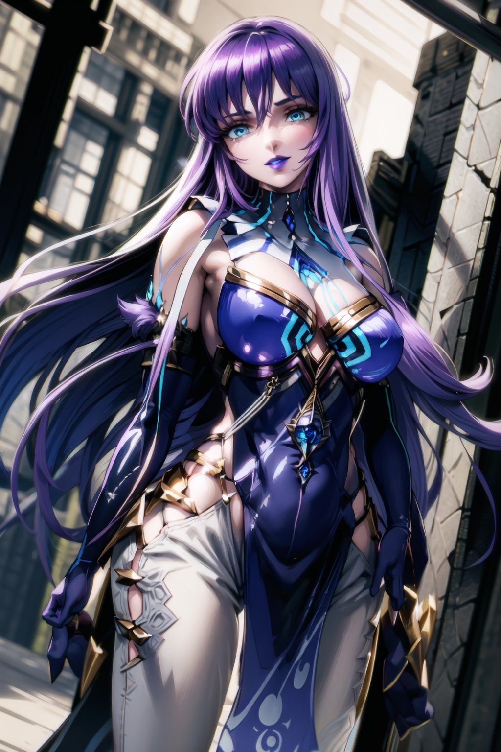 ((best quality)),  ((highly detailed)), ((dutch angle)),(Saori, long hair, purple hair, blue eyes), masterpiece, 1girl,  evil smile:1.2, smug, seductive smile, solo, ,lips, ,standing,  MirrorMaiden, dress, cleavage, lipstick, ((blue lips:1.2)), fur trim, blue gloves, gloves, elbow gloves, white pants,  ((posing)), outdoors, floating, flying,Saori