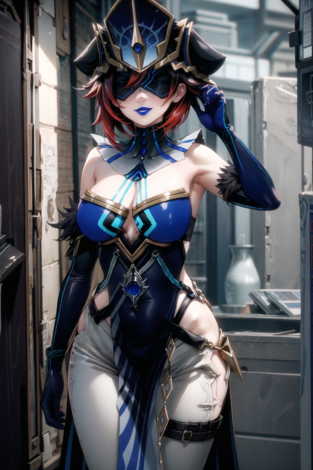 ((best quality)),  ((highly detailed)), ((ruby rose)), blindfold, mask, eye mask, masterpiece, 1girl,  evil smile:1.2, smug, seductive smile, solo, ,lips, makeup, ,standing,  MirrorMaiden,dress, cleavage, makeup, lipstick, ((blue lips:1.2)), blue headwear, hat, fur trim, blue gloves, gloves, elbow gloves, white pants,